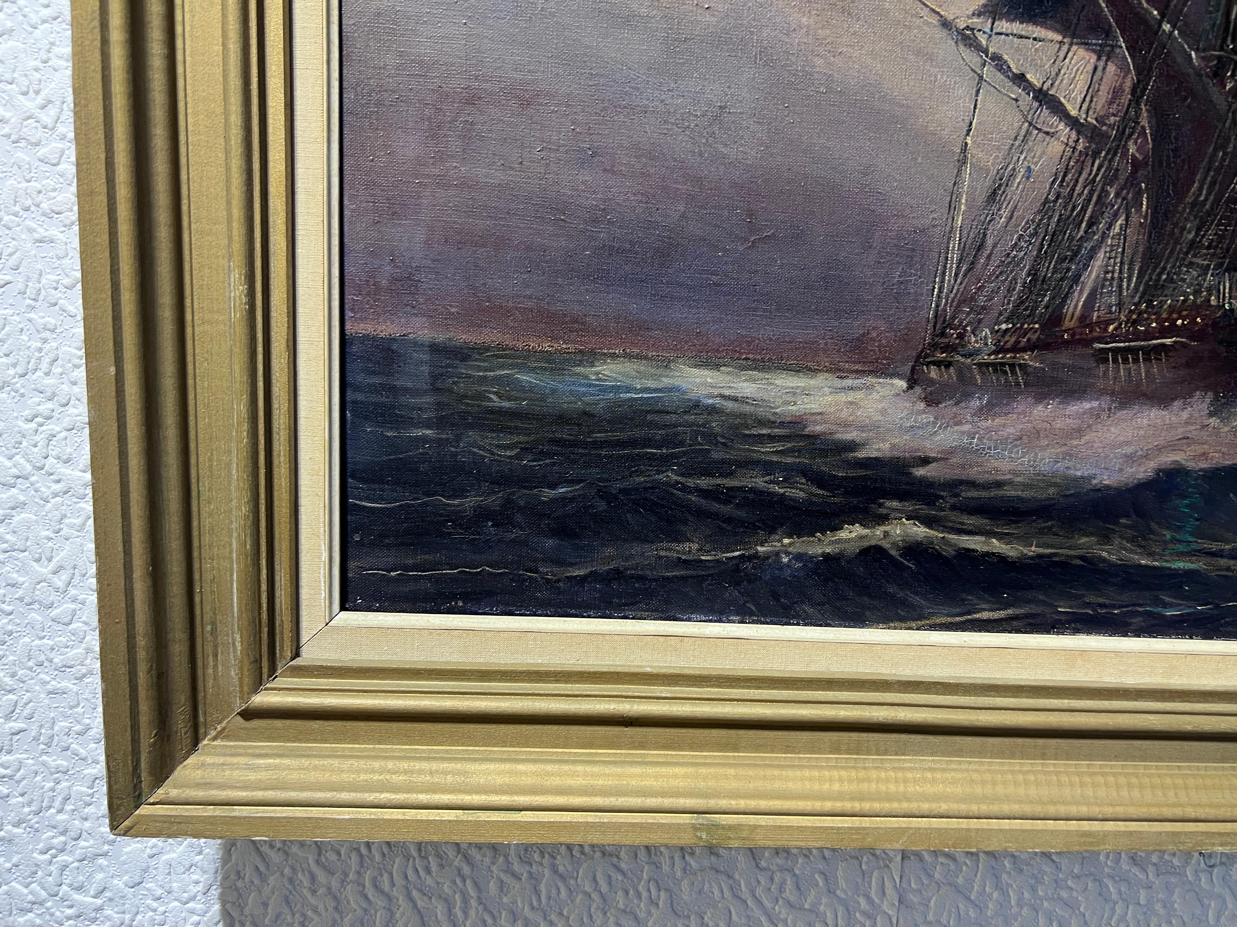 1975 Vintage-Ölgemälde auf Leinwand, Meereslandschaft, Segelschiff, signiert, gerahmt (Grau), Landscape Painting, von Unknown