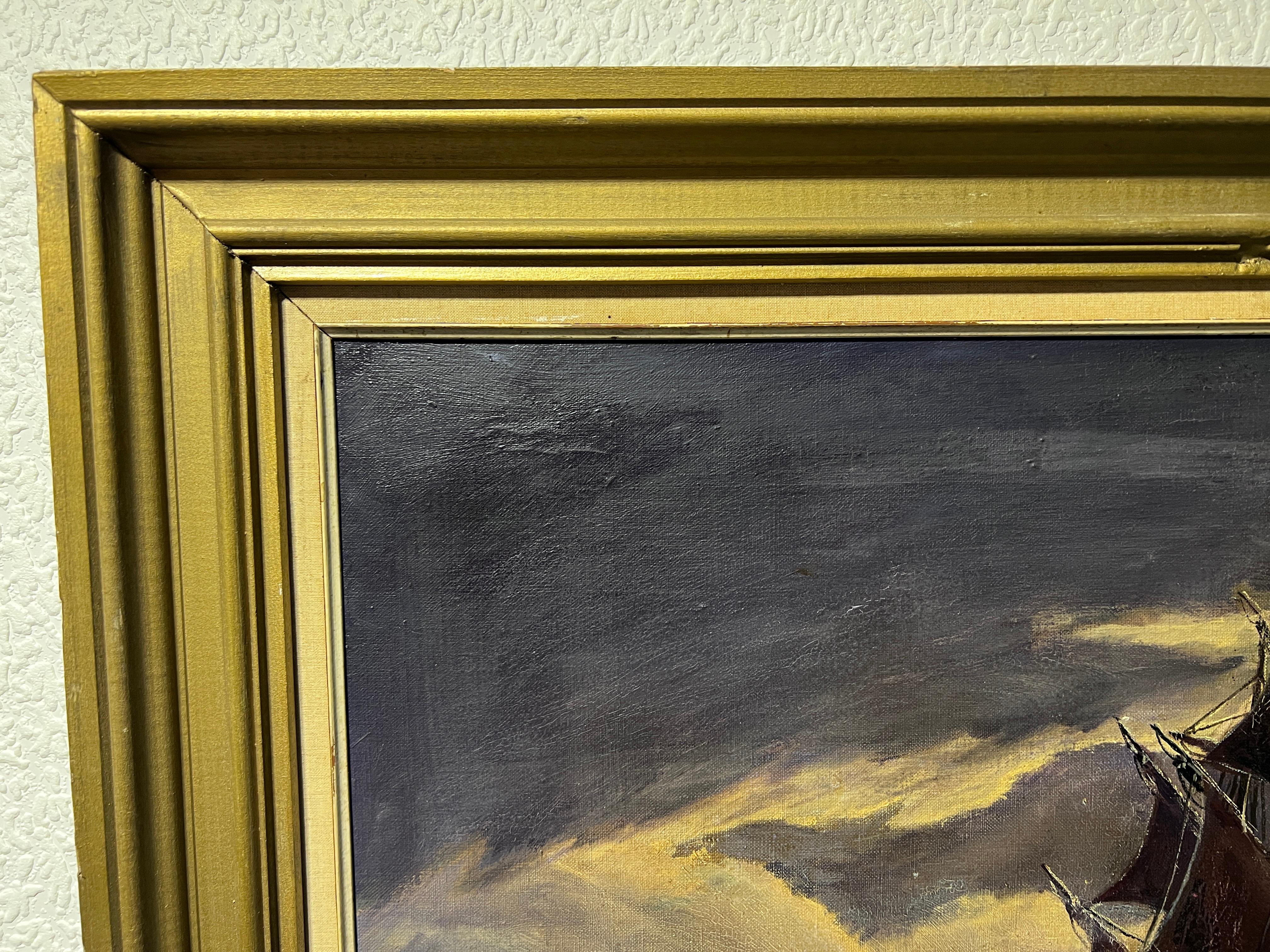 Dies ist eine erstaunliche Original große Vintage-Ölgemälde auf Leinwand zeigt eine nautische Szene, mit einem großen Segelschiff in einem kabbeligen Meer. 

Dies ist ein klassischer maritimer Stil, wie man ihn heute nur noch selten sieht. Ein