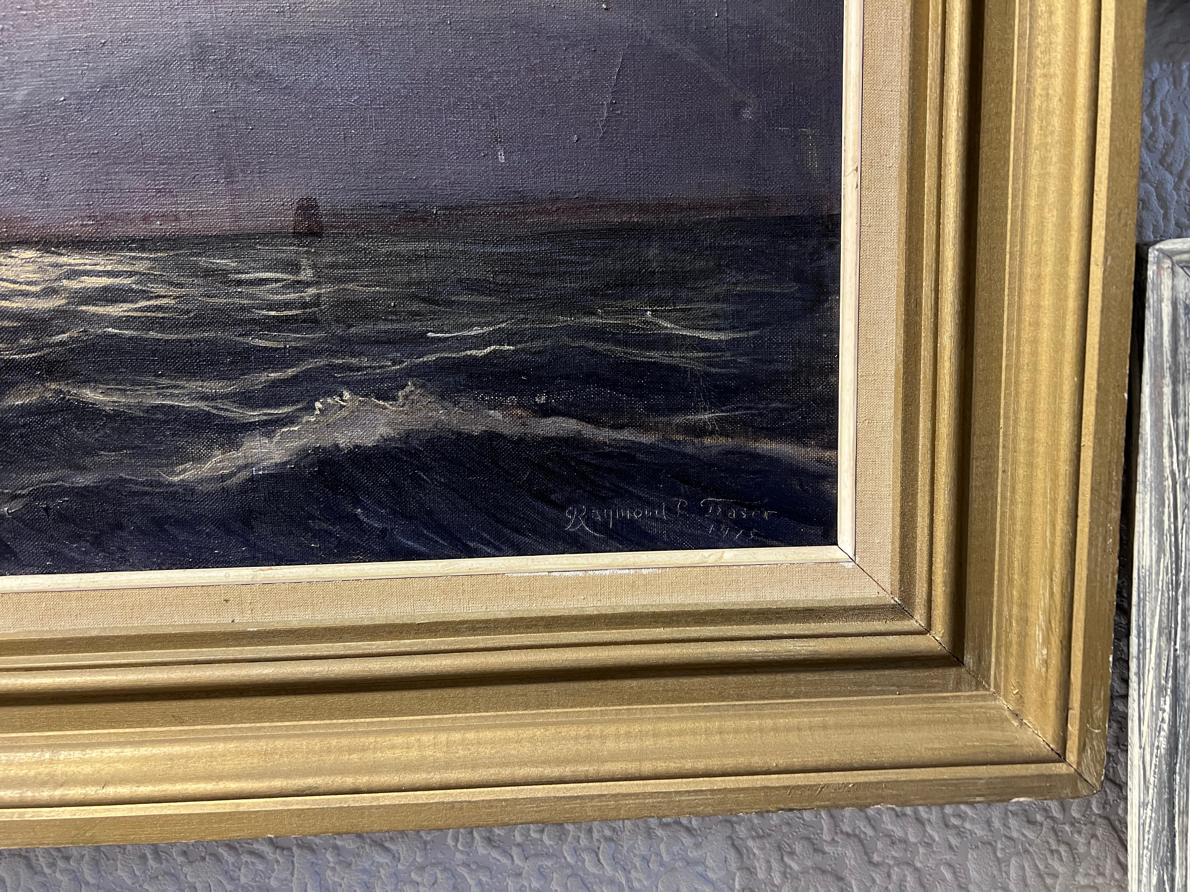 1975 Vintage-Ölgemälde auf Leinwand, Meereslandschaft, Segelschiff, signiert, gerahmt im Angebot 2