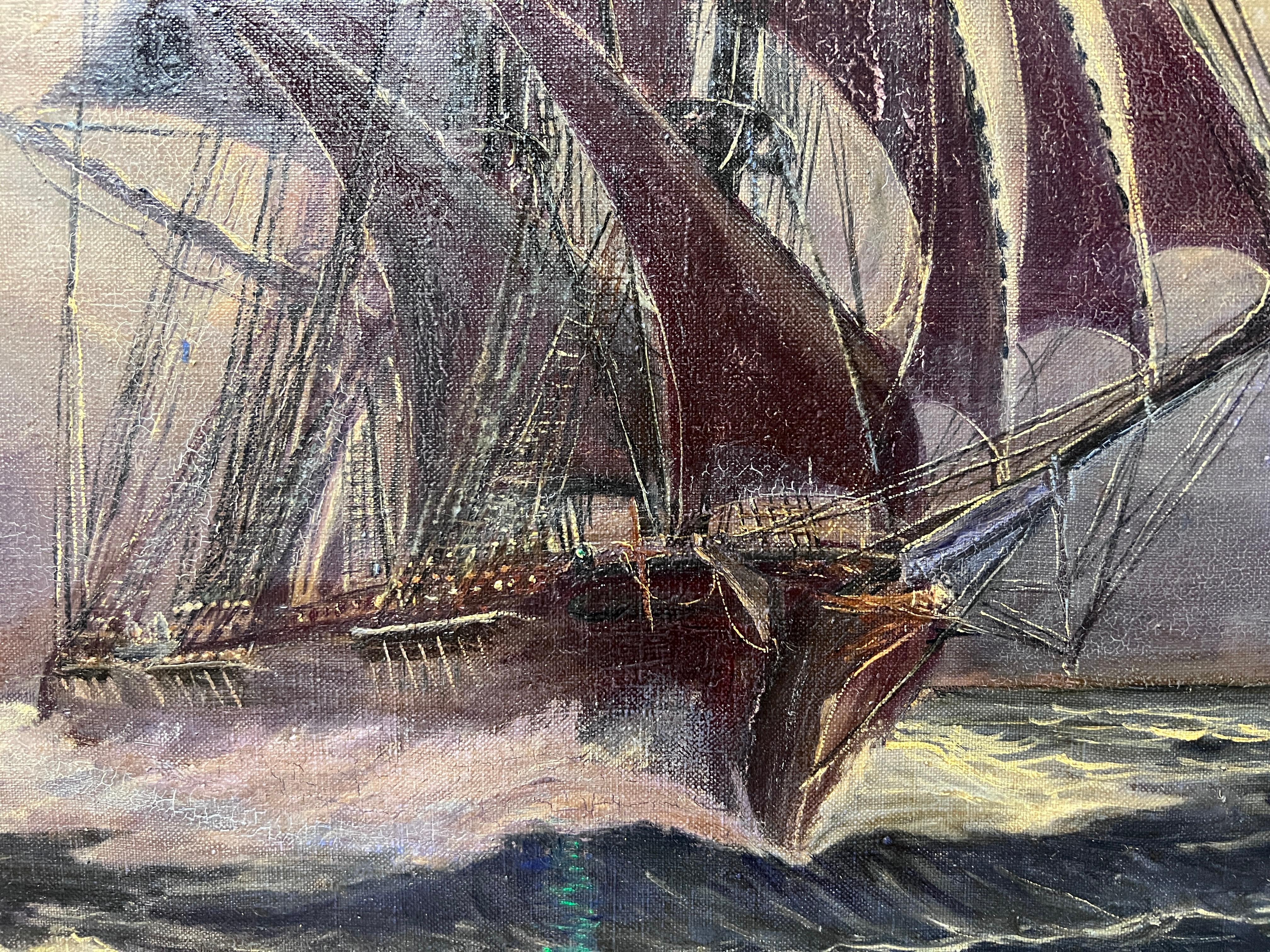 1975 Vintage-Ölgemälde auf Leinwand, Meereslandschaft, Segelschiff, signiert, gerahmt im Angebot 4