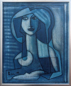 1975 Vintage Swedish Cubist Portrait Framed Oil Painting - Lady in Blue