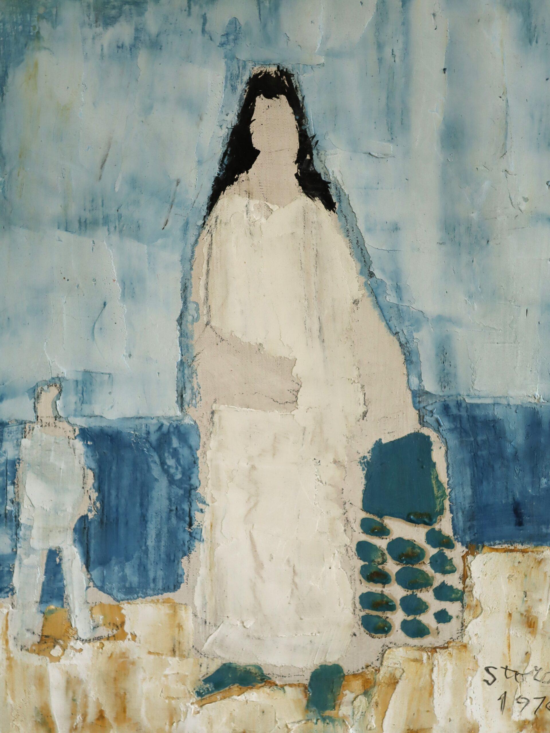 1976 Modernist Vintage Mini Swedish Figurative Oil Painting - Seaside Stroll For Sale 7