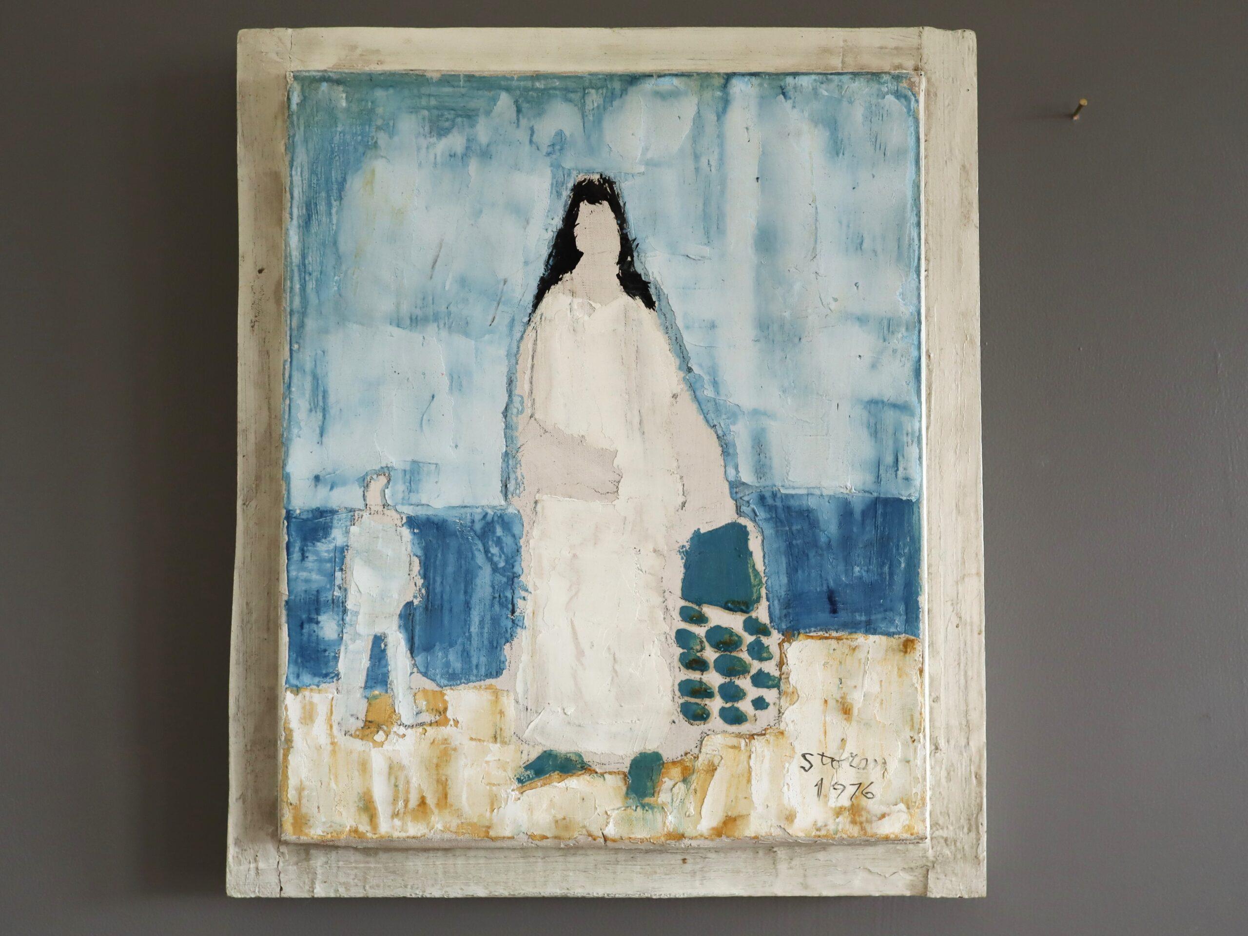 1976 Modernist Vintage Mini Swedish Figurative Oil Painting - Seaside Stroll - Gray Figurative Painting by Unknown