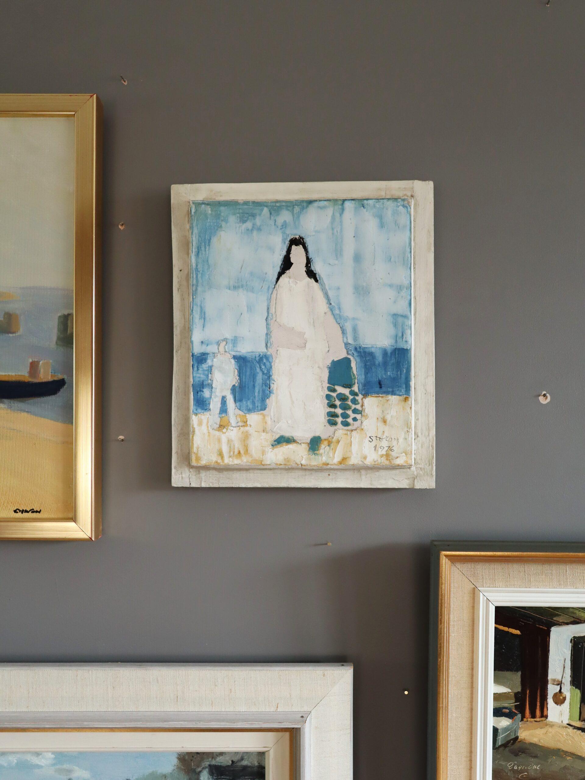 1976 Modernist Vintage Mini Swedish Figurative Oil Painting - Seaside Stroll For Sale 1