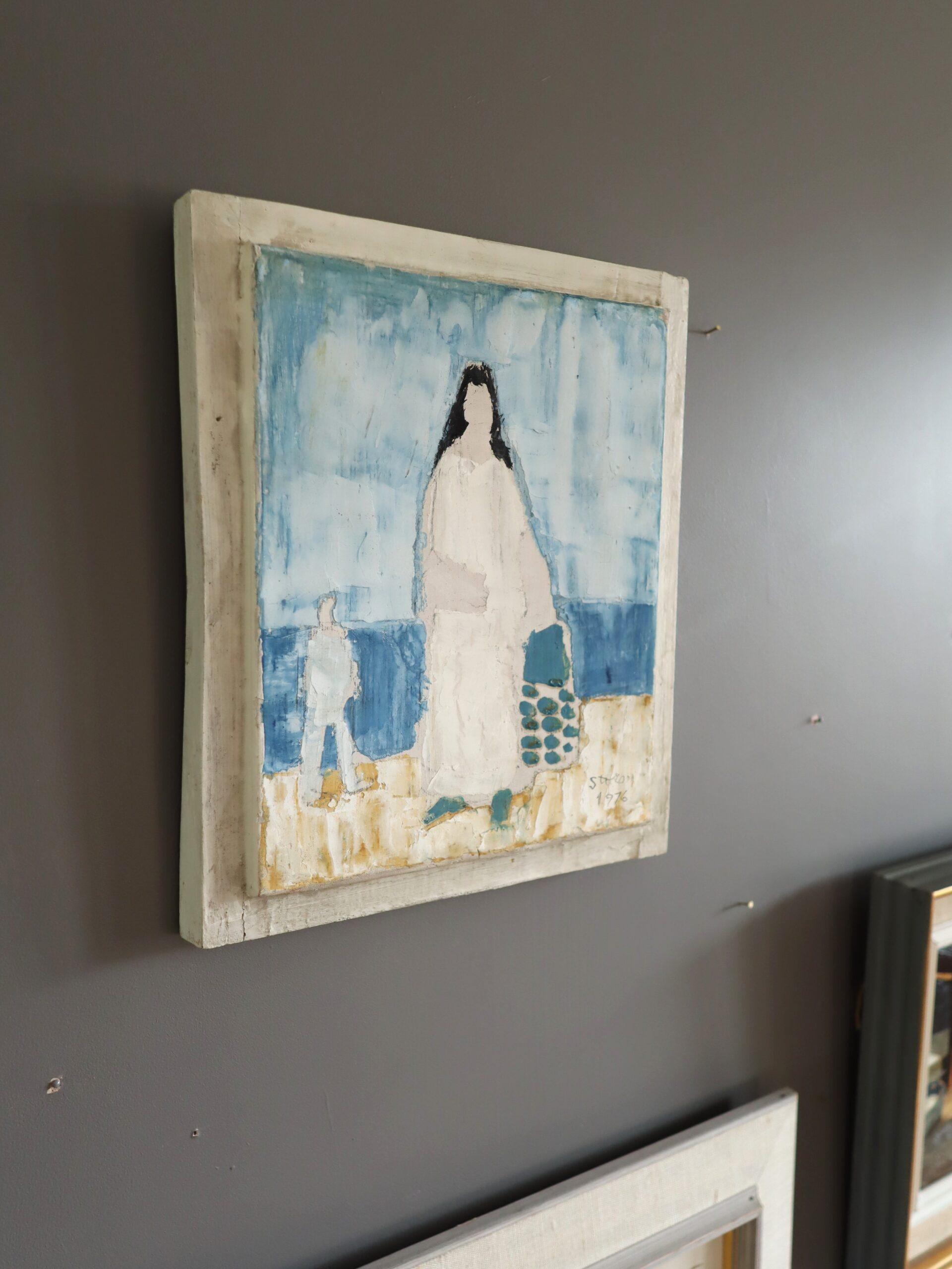 1976 Modernist Vintage Mini Swedish Figurative Oil Painting - Seaside Stroll For Sale 2