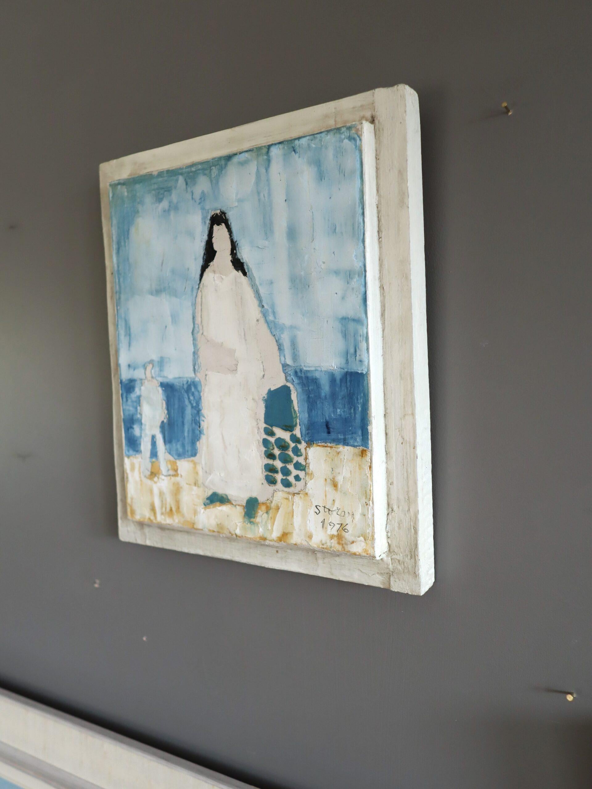 1976 Modernist Vintage Mini Swedish Figurative Oil Painting - Seaside Stroll For Sale 3
