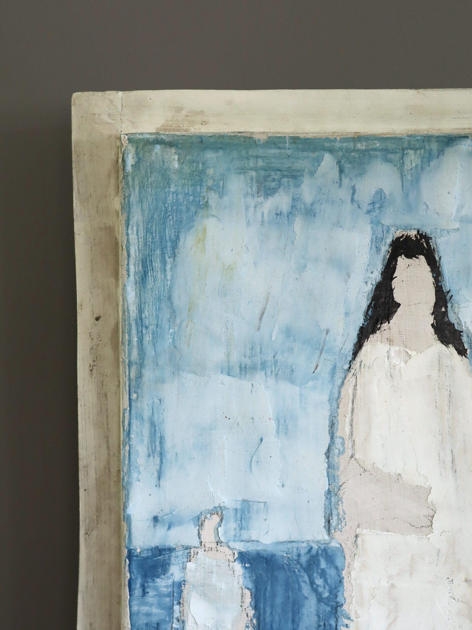 1976 Modernist Vintage Mini Swedish Figurative Oil Painting - Seaside Stroll For Sale 5