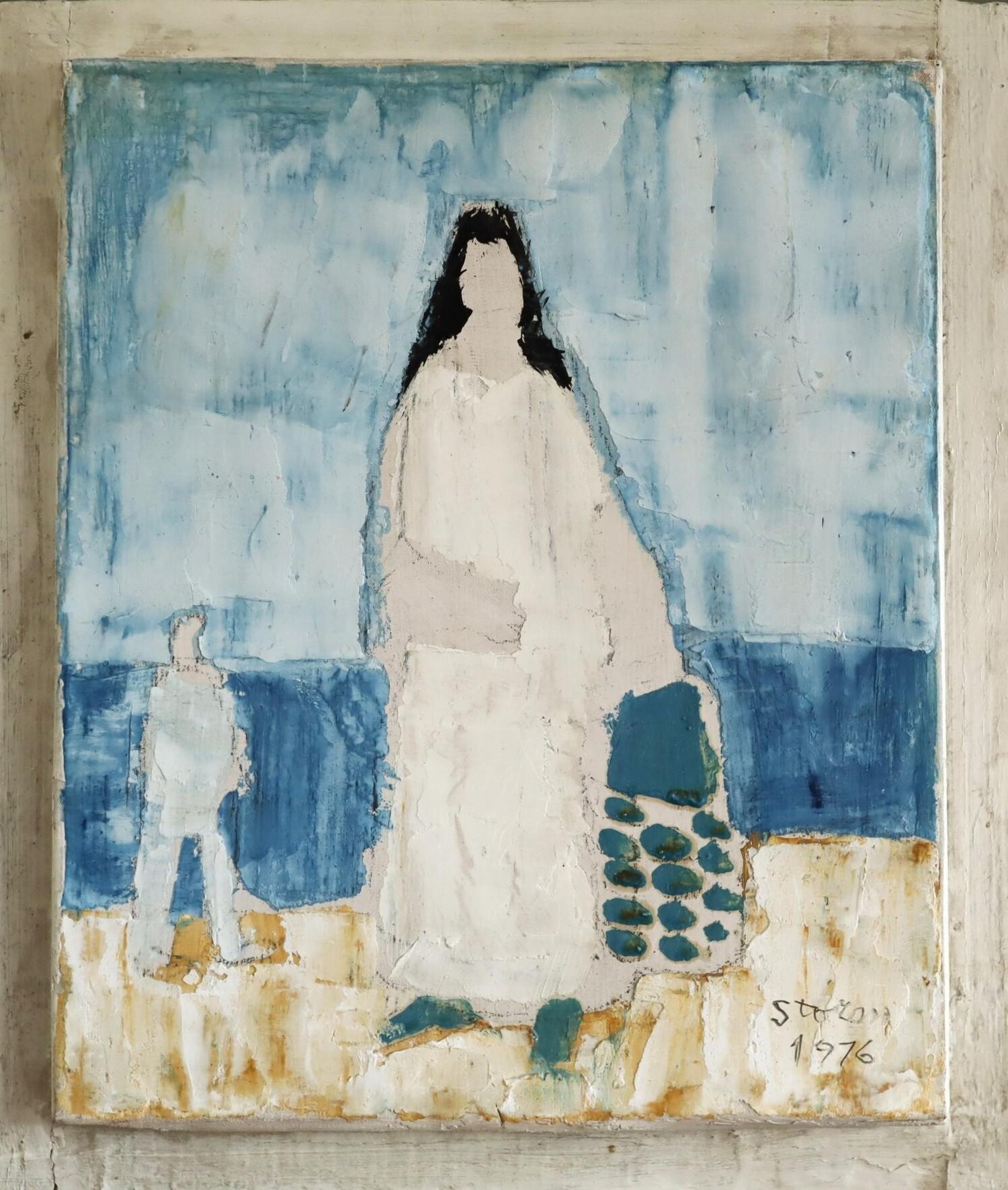 Unknown Figurative Painting - 1976 Modernist Vintage Mini Swedish Figurative Oil Painting - Seaside Stroll