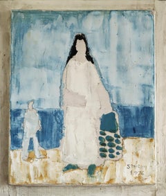 1976 Modernist Vintage Mini Swedish Figurative Oil Painting - Seaside Stroll