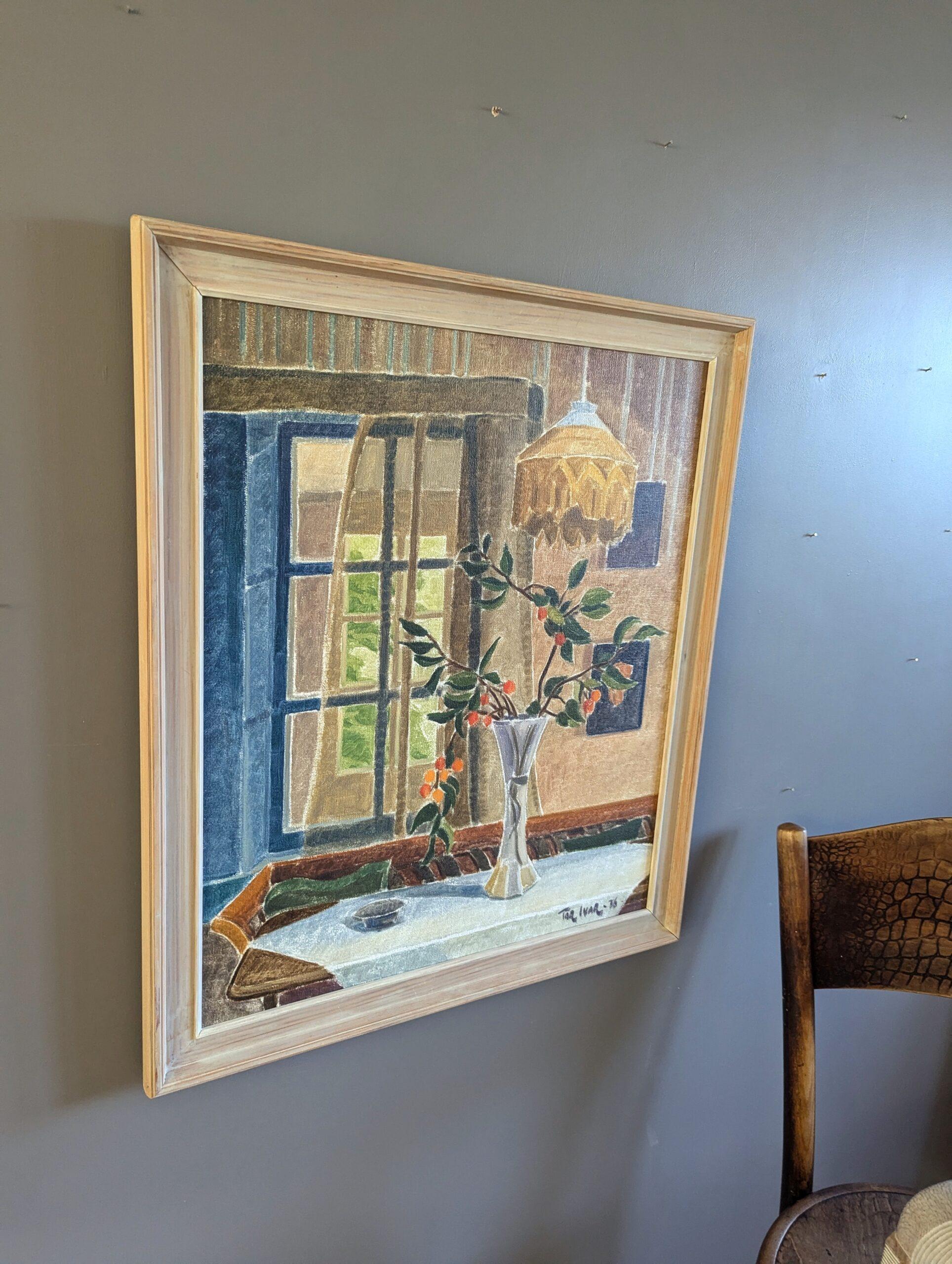 1976 Originale svedese modernista  Pittura ad olio per interni - Natura morta illuminata dal sole - Interior Painting Marrone di Unknown