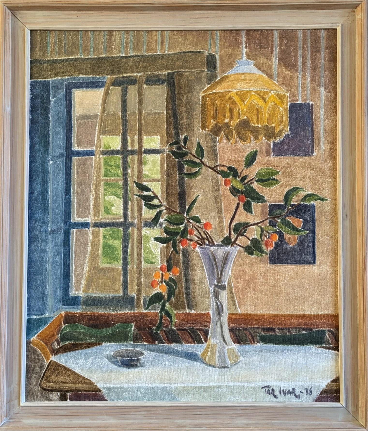 Interior Painting di Unknown - 1976 Originale svedese modernista  Pittura ad olio per interni - Natura morta illuminata dal sole
