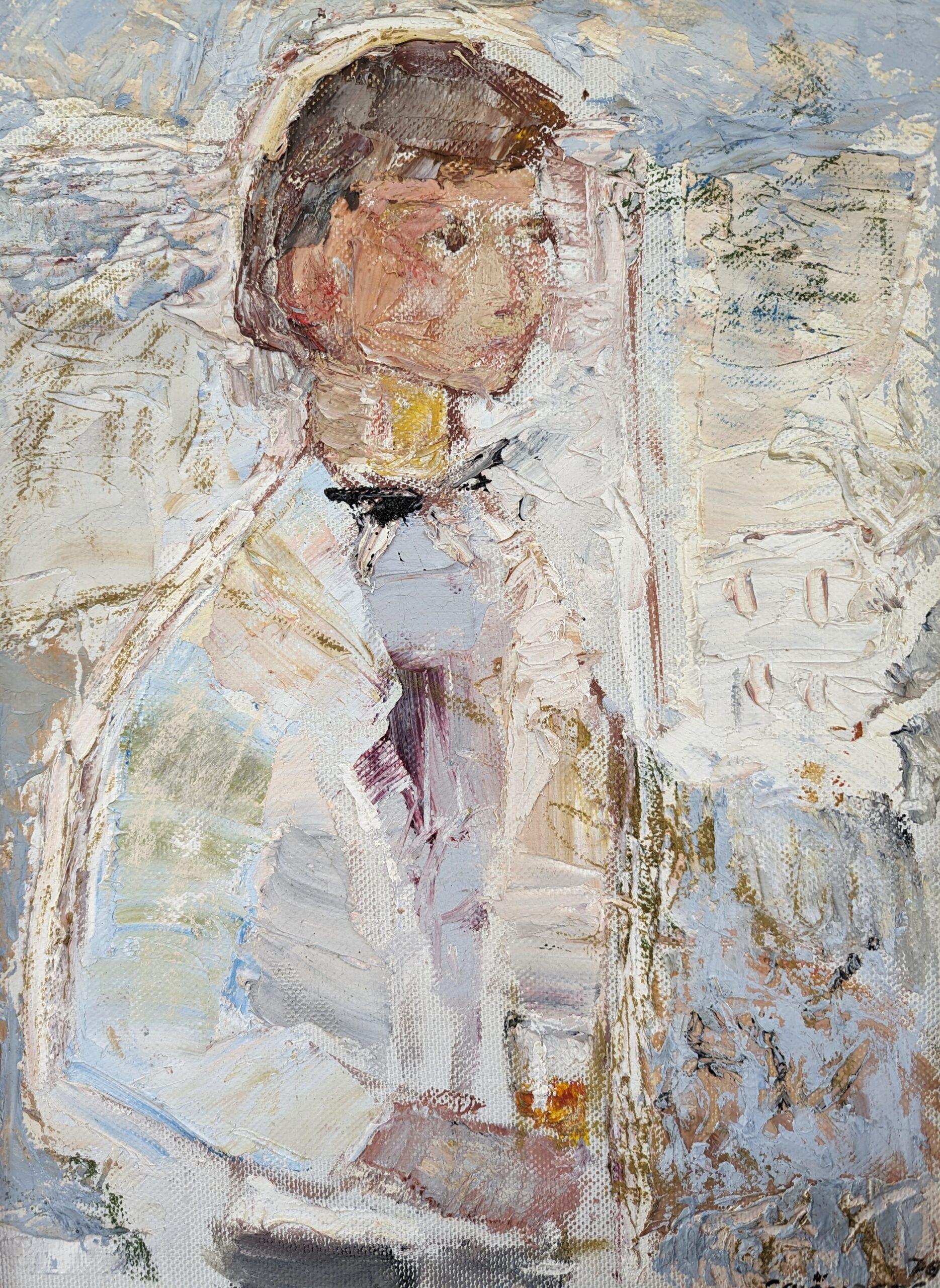 1976 Vintage Mid-Century Figurative Oil Painting - Al tuo servizio in vendita 7