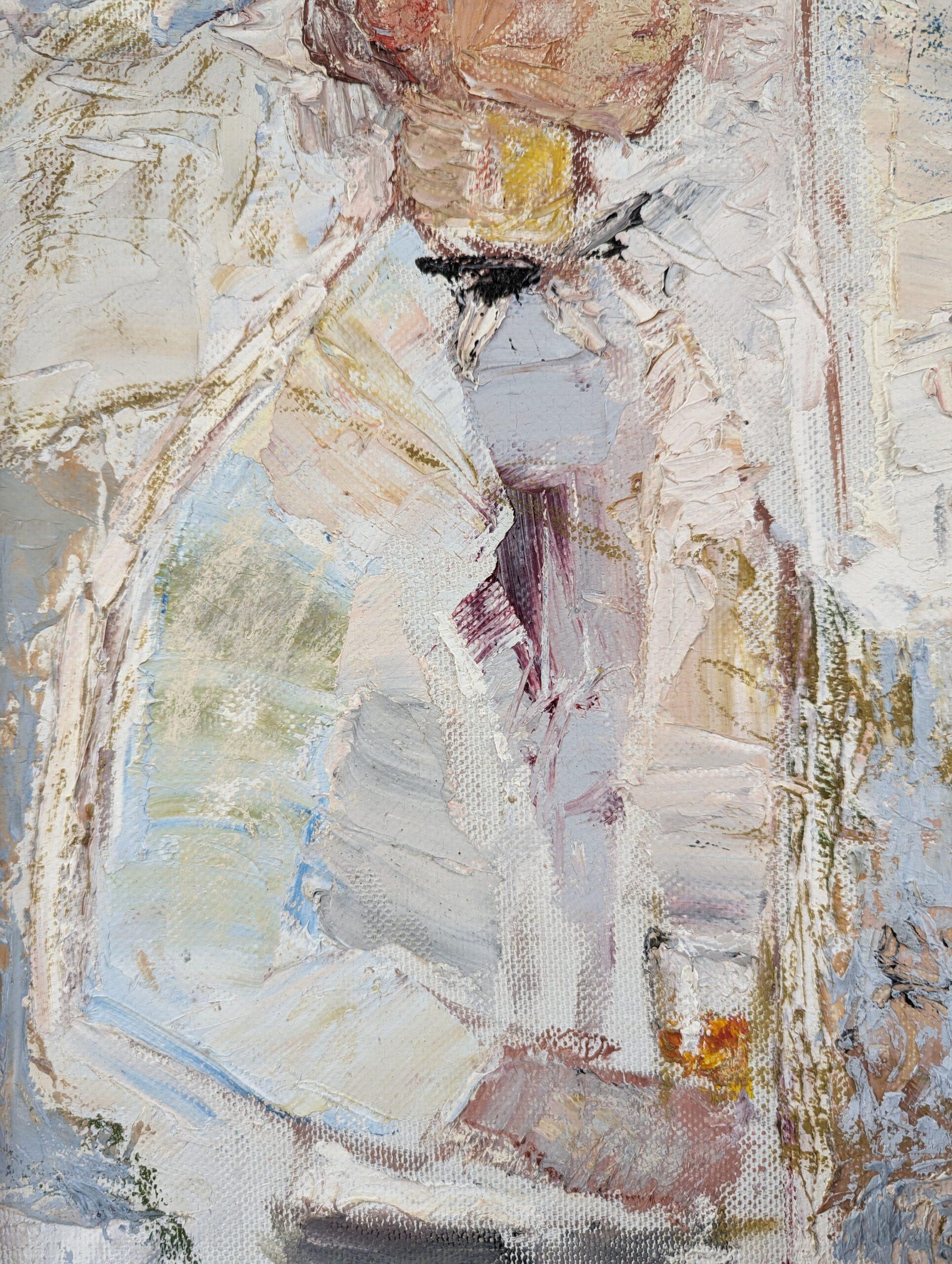 1976 Vintage Mid-Century Figurative Oil Painting - Al tuo servizio in vendita 9