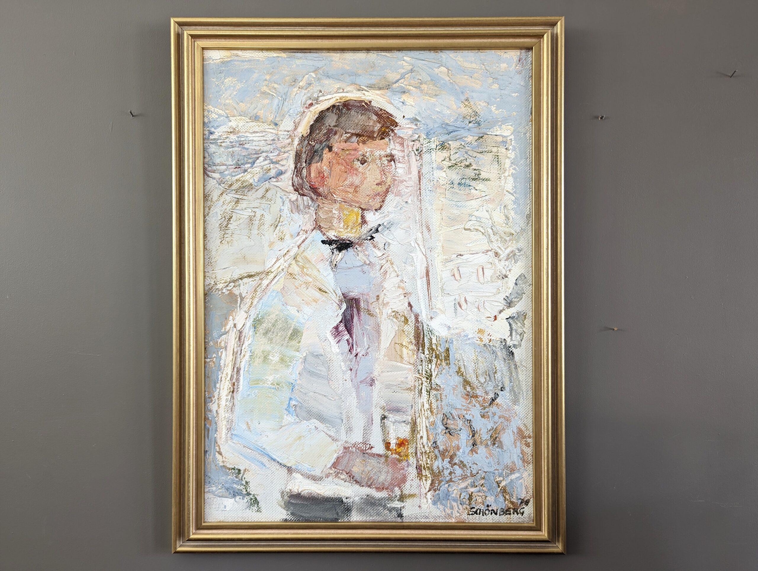 1976 Vintage Mid-Century Figurative Oil Painting - Al tuo servizio - Figurative Painting Grigio di Unknown