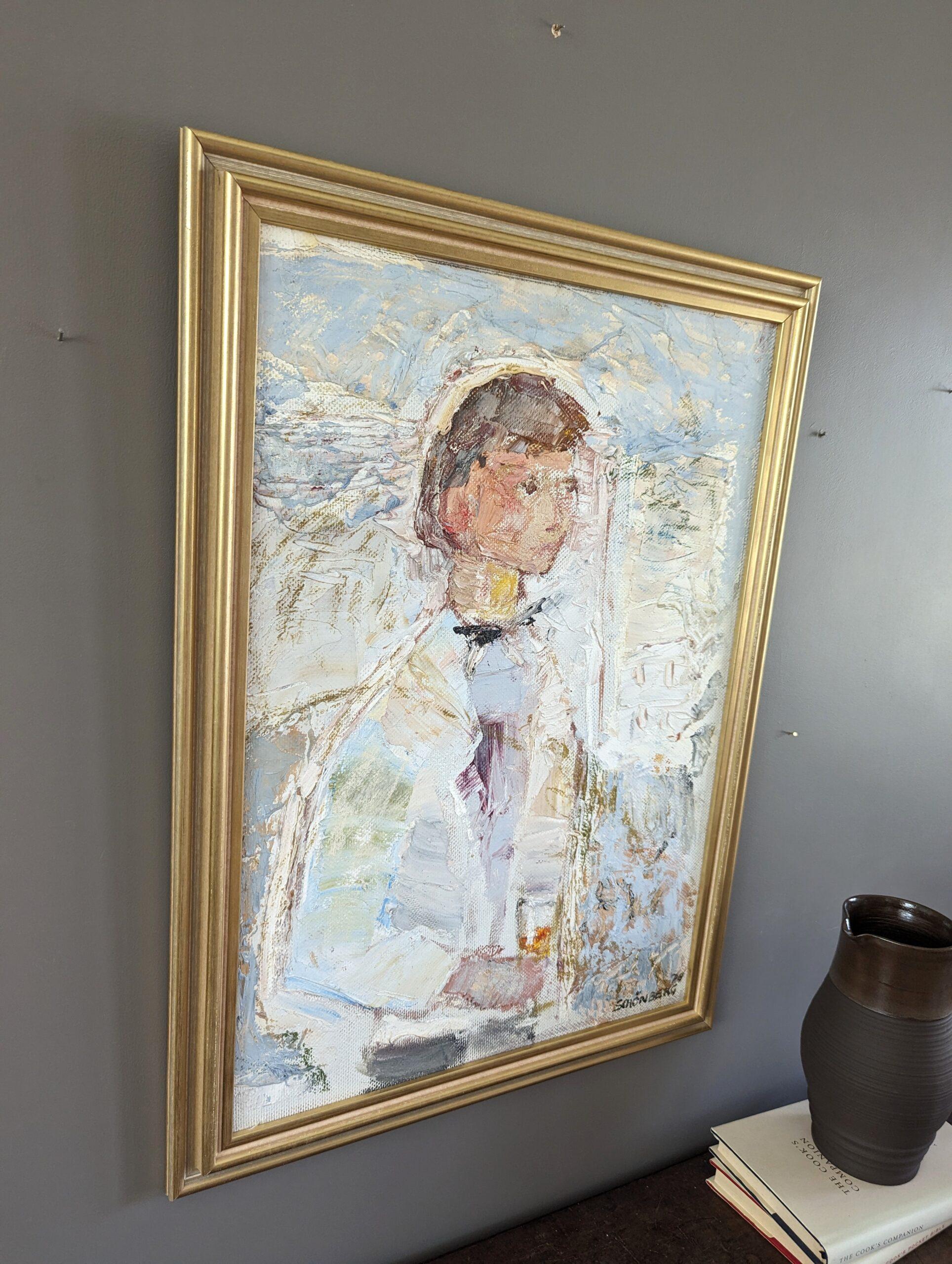 1976 Vintage Mid-Century Figurative Oil Painting - Al tuo servizio in vendita 1
