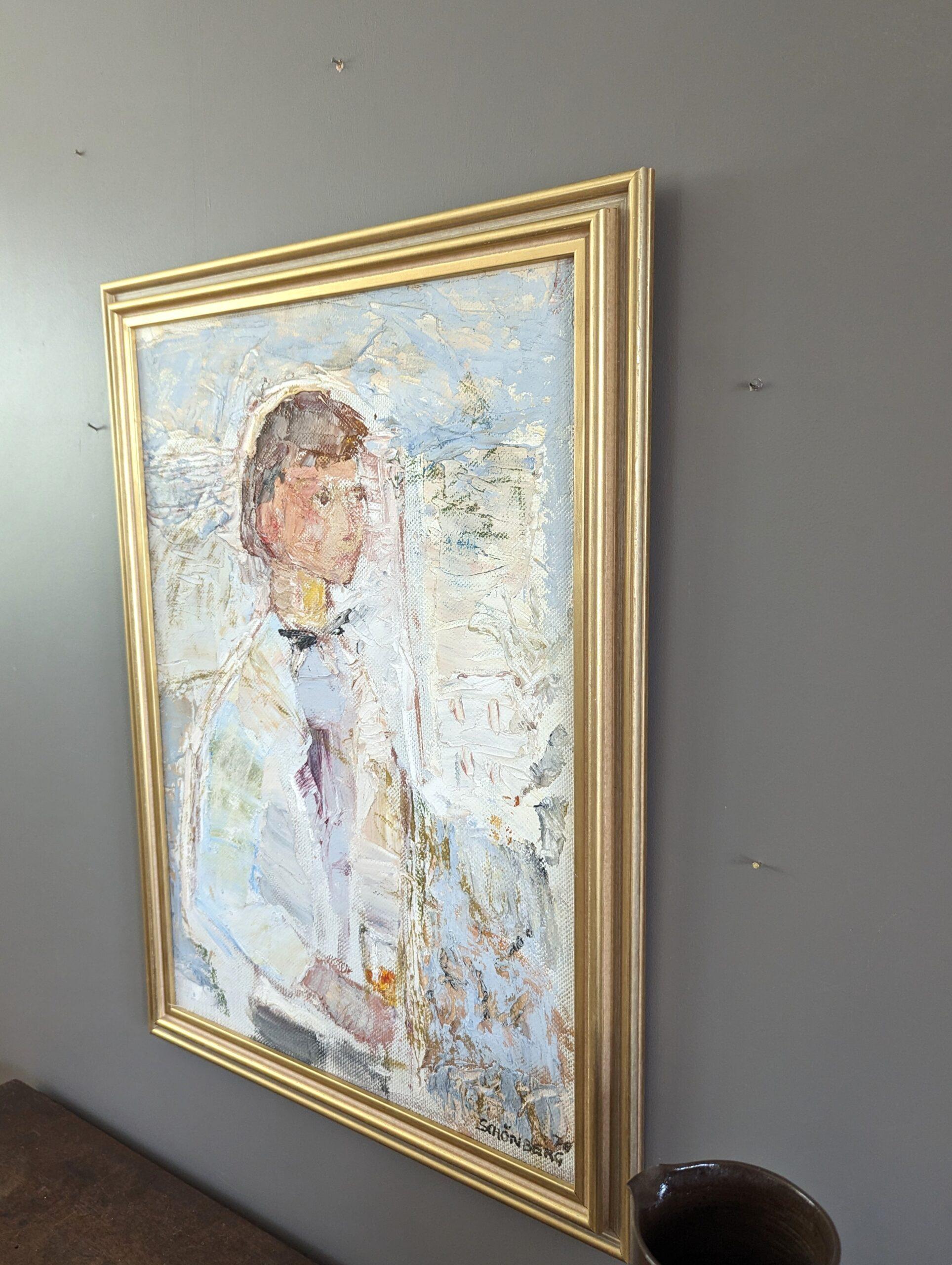 1976 Vintage Mid-Century Figurative Oil Painting - Al tuo servizio in vendita 2