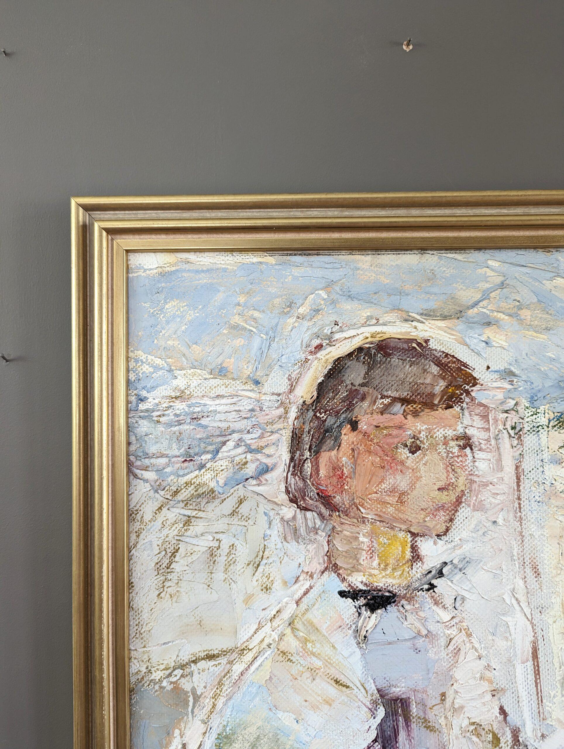 1976 Vintage Mid-Century Figurative Oil Painting - Al tuo servizio in vendita 3