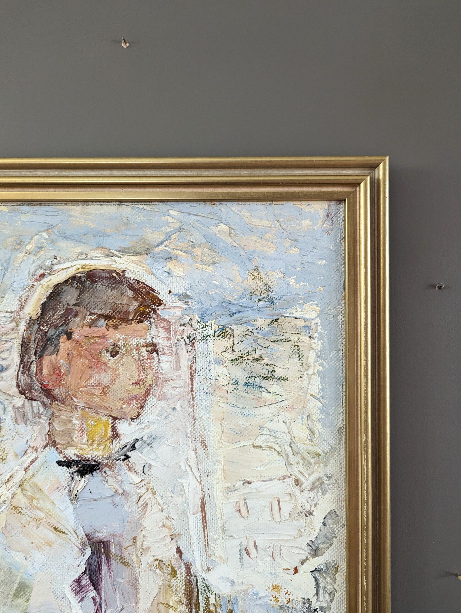 1976 Vintage Mid-Century Figurative Oil Painting - Al tuo servizio in vendita 4