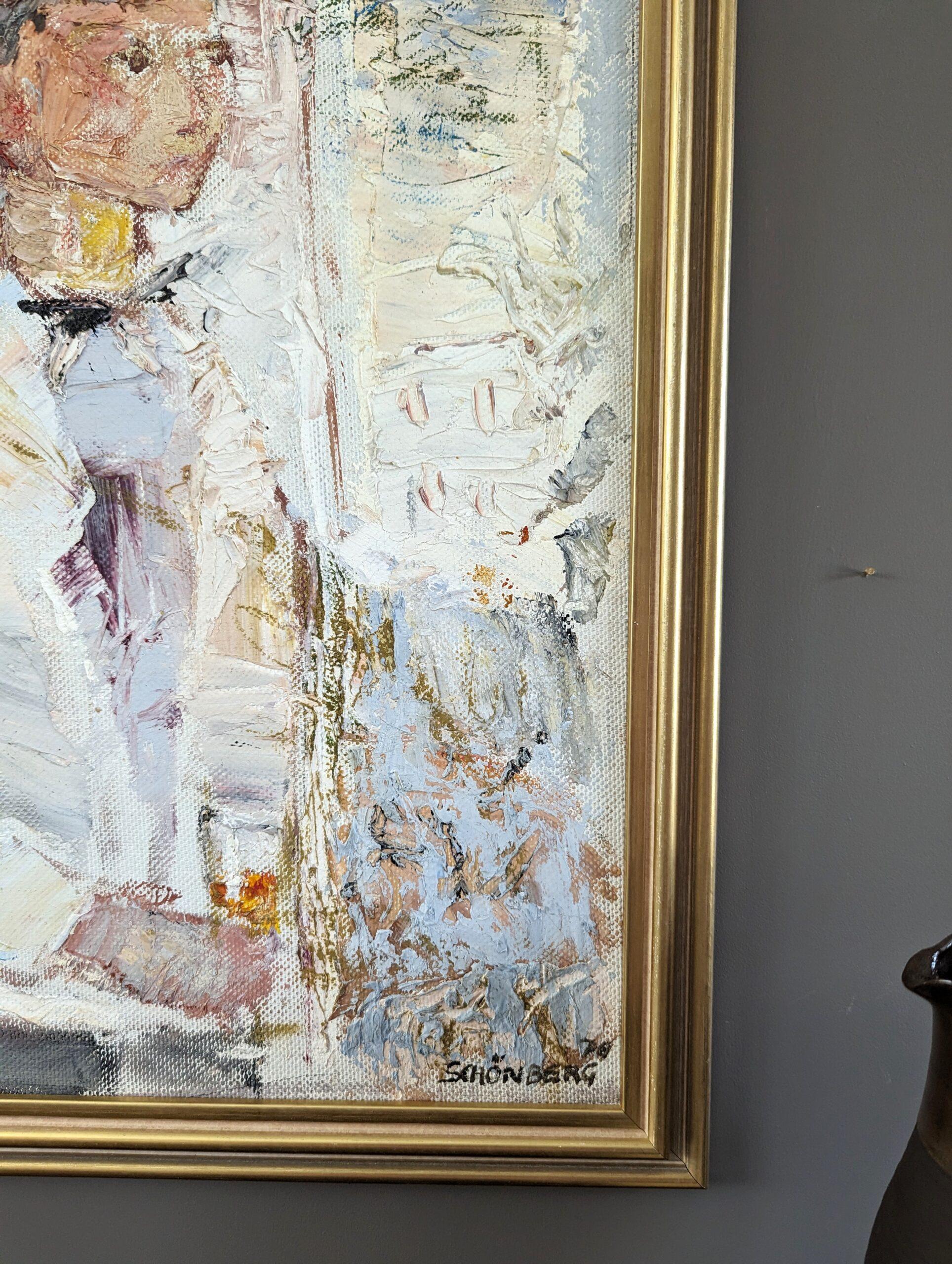 1976 Vintage Mid-Century Figurative Oil Painting - Al tuo servizio in vendita 5
