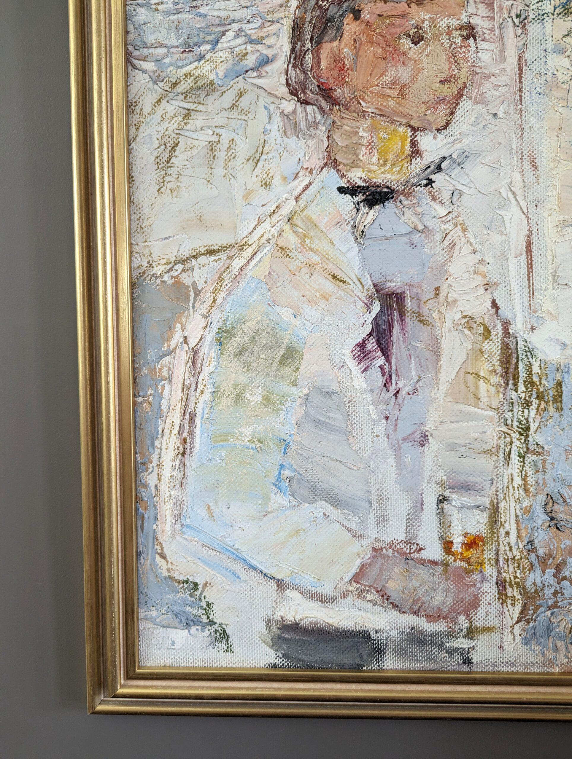 1976 Vintage Mid-Century Figurative Oil Painting - Al tuo servizio in vendita 6