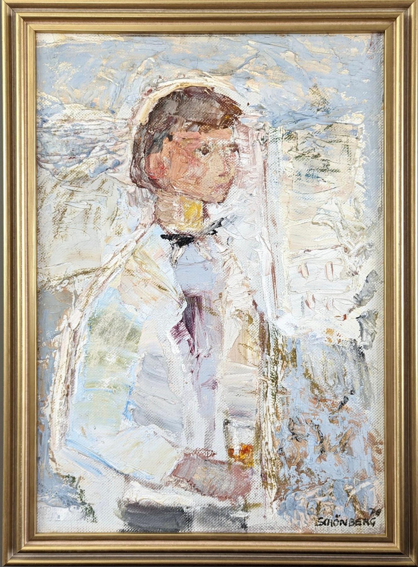 Figurative Painting di Unknown - 1976 Vintage Mid-Century Figurative Oil Painting - Al tuo servizio