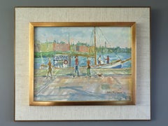 1976 Vintage Modernist Swedish Street Scene Oil Painting - Harbour Promenade