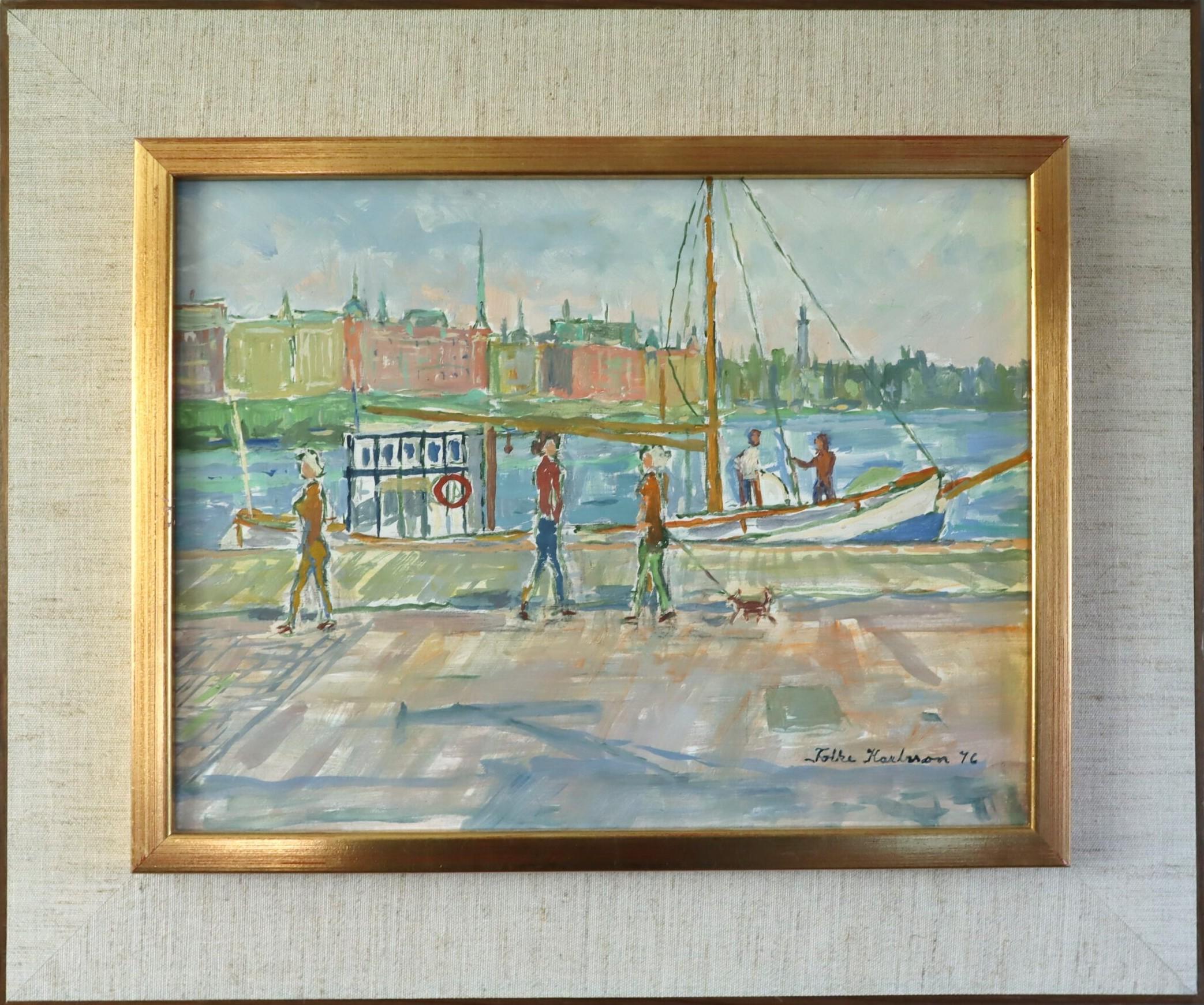 1976 Vintage Modernist Swedish Street Scene Oil Painting - Harbour Promenade