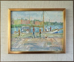 1976 Vintage Modernist Swedish Street Scene Oil Painting - Harbour Promenade 1976 Vintage Modernist Swedish Street Scene Oil Painting - Harbour Promenade