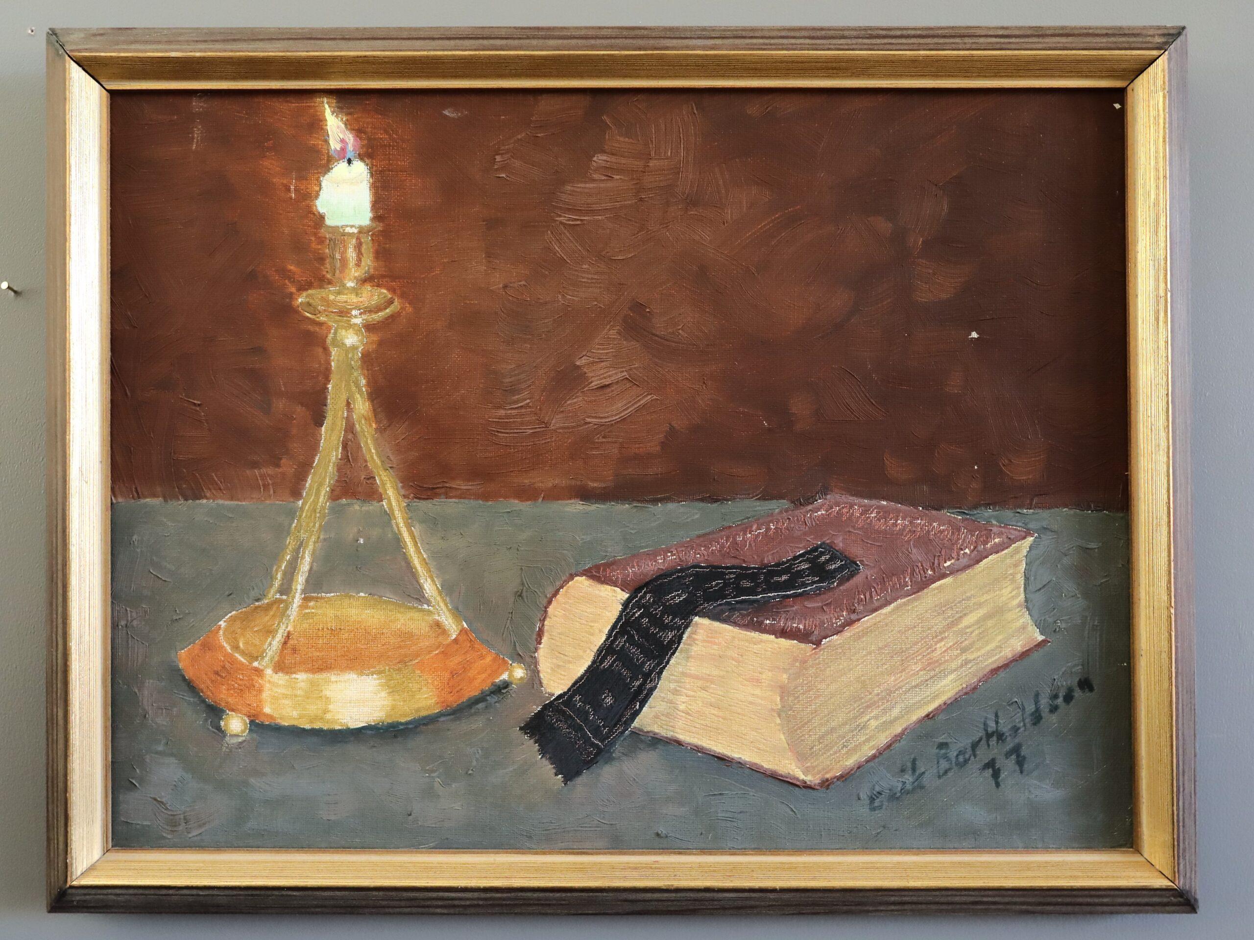 1977 Modernist Swedish Expressive Still Life Oil Painting - By Candlelight - Brown Still-Life Painting by Unknown