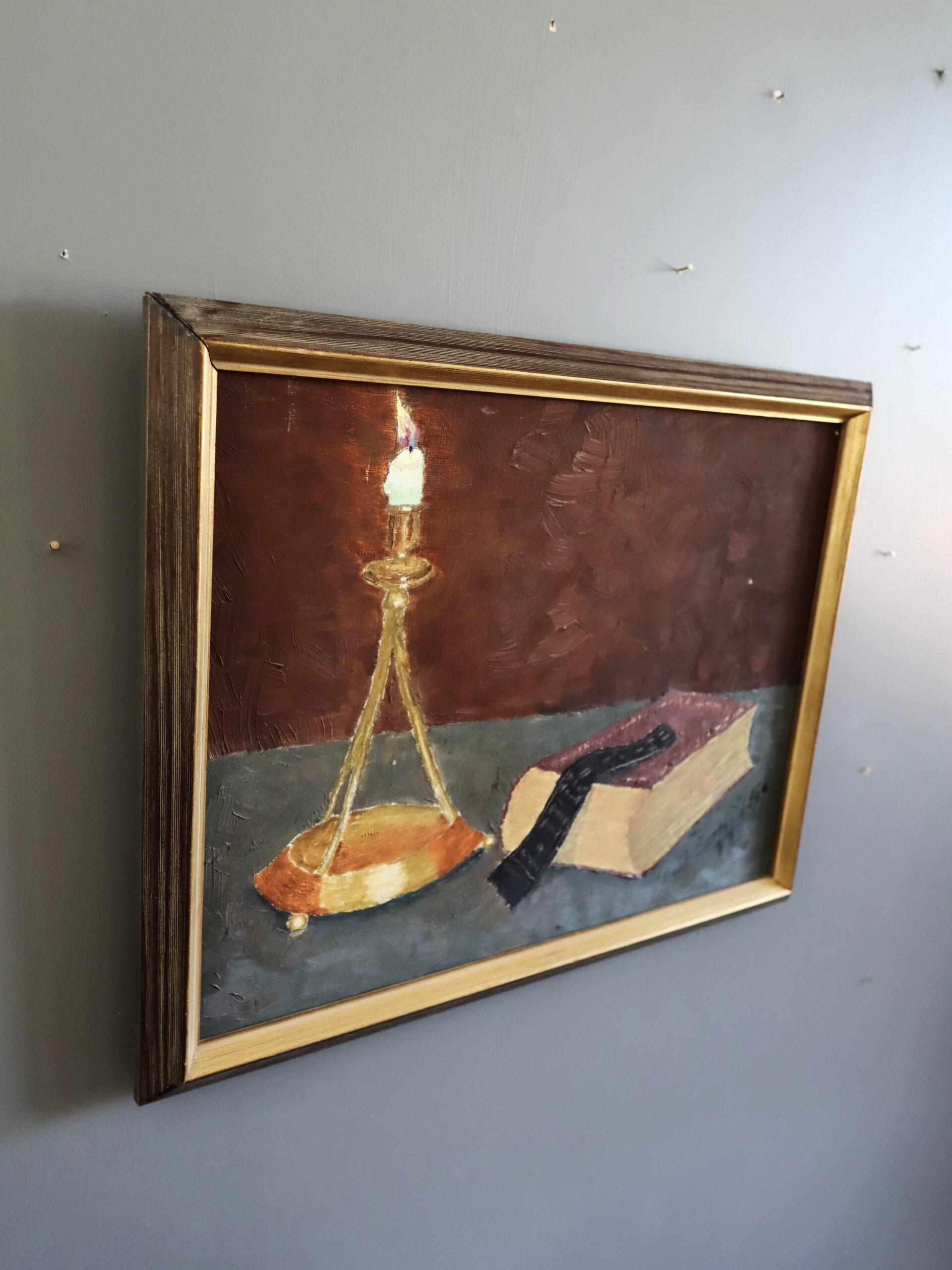 1977 Modernist Swedish Expressive Still Life Oil Painting - By Candlelight For Sale 1