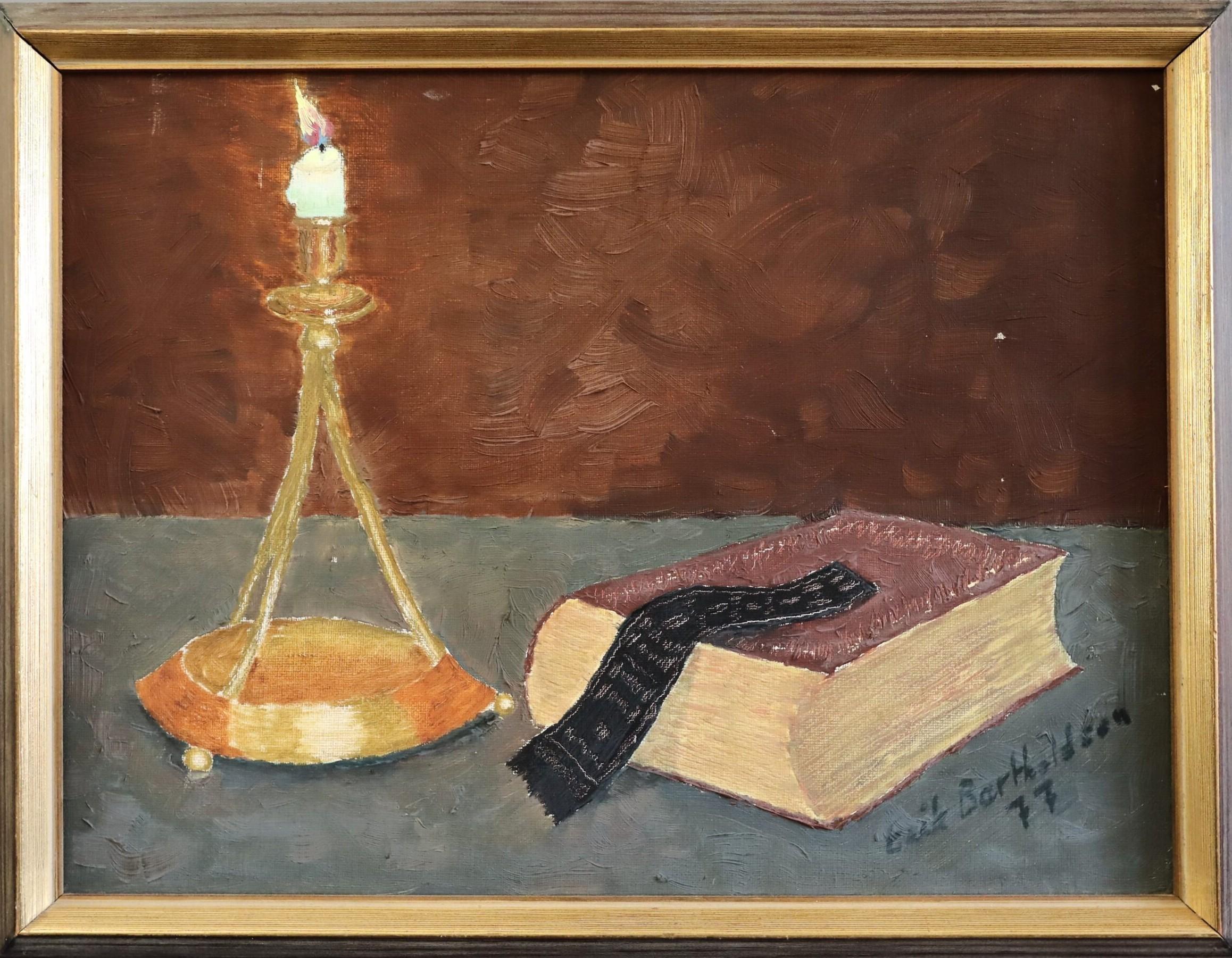 1977 Pittura ad olio svedese modernista con natura morta espressiva - A lume di candela