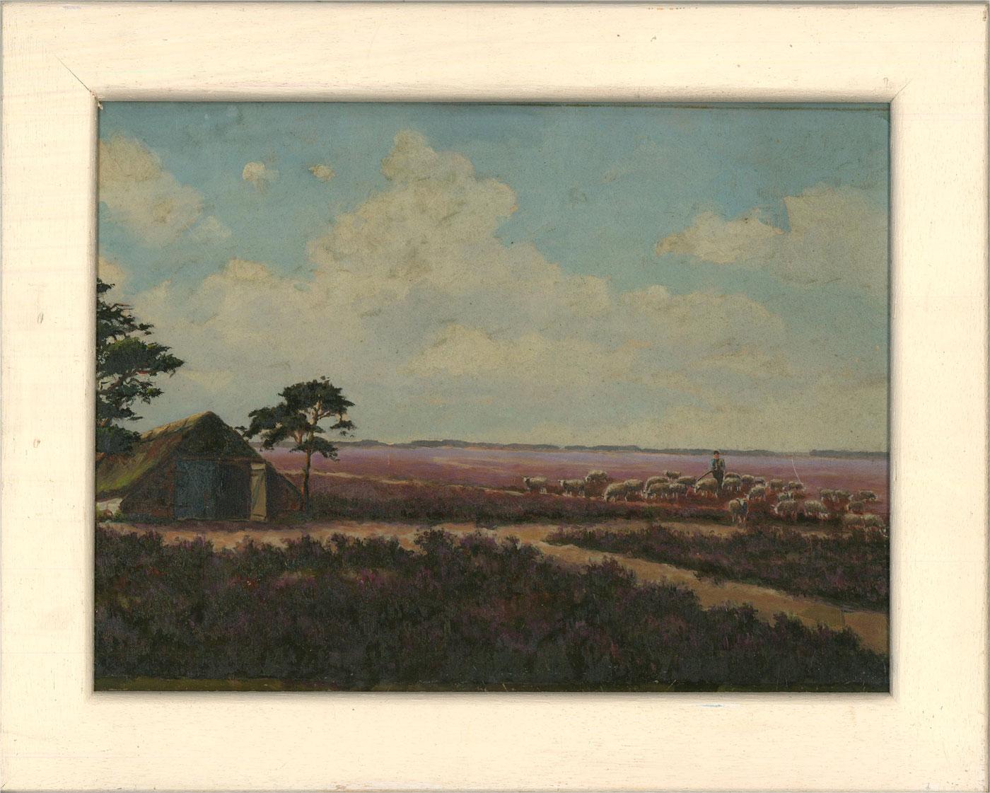 This delightful oil study depicts a farmer herding his flock of sheep towards a barn before a vast landscape. The artist uses soft purple tones to capture beautiful heather covered fields. Unsigned. Presented in a white painted wooden frame. On