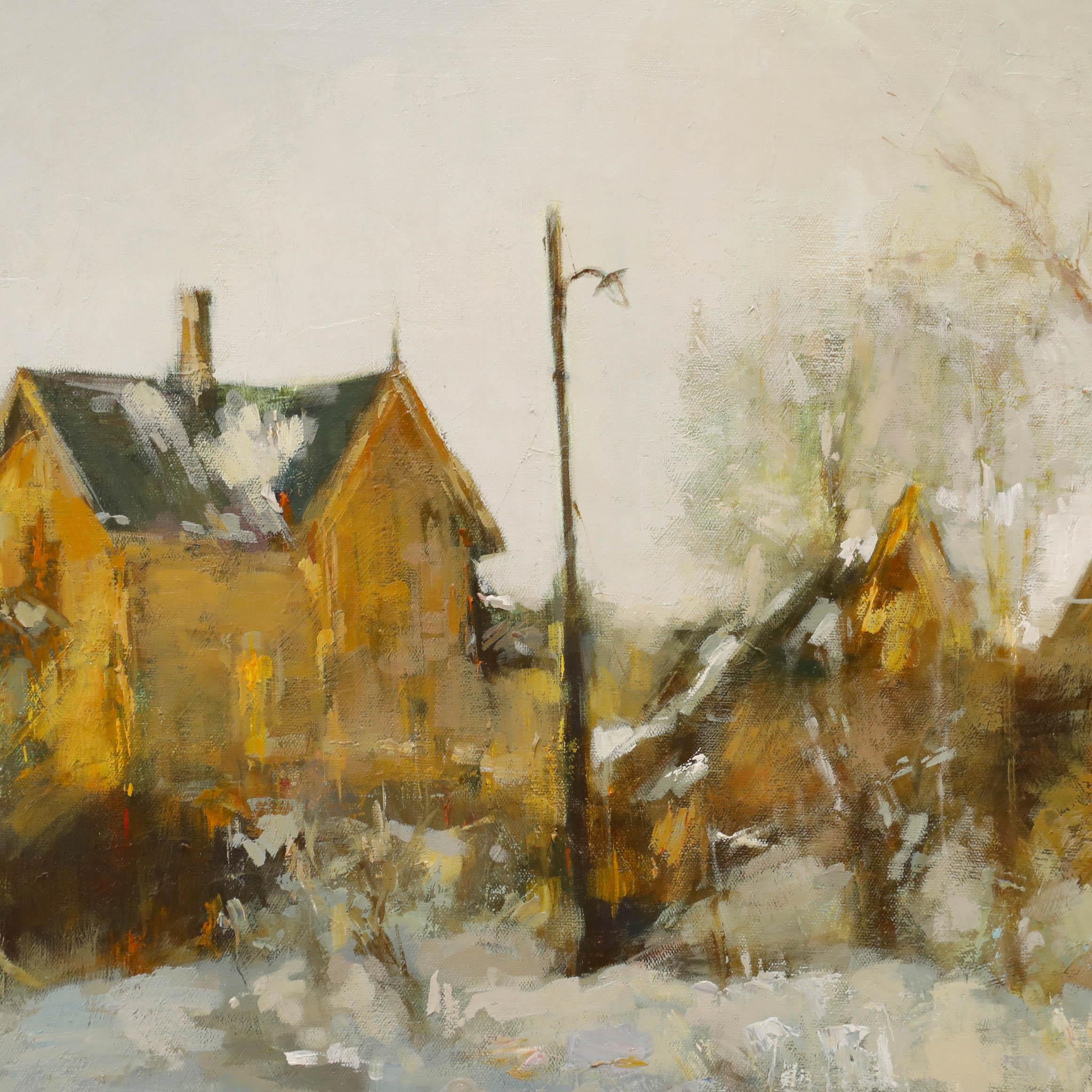 This atmospheric winter scene captures a quiet village street blanketed in snow, with rustic houses nestled among bare trees. The artist employs a soft, muted colour palette and loose brushstrokes to evoke a sense of tranquillity and cold stillness