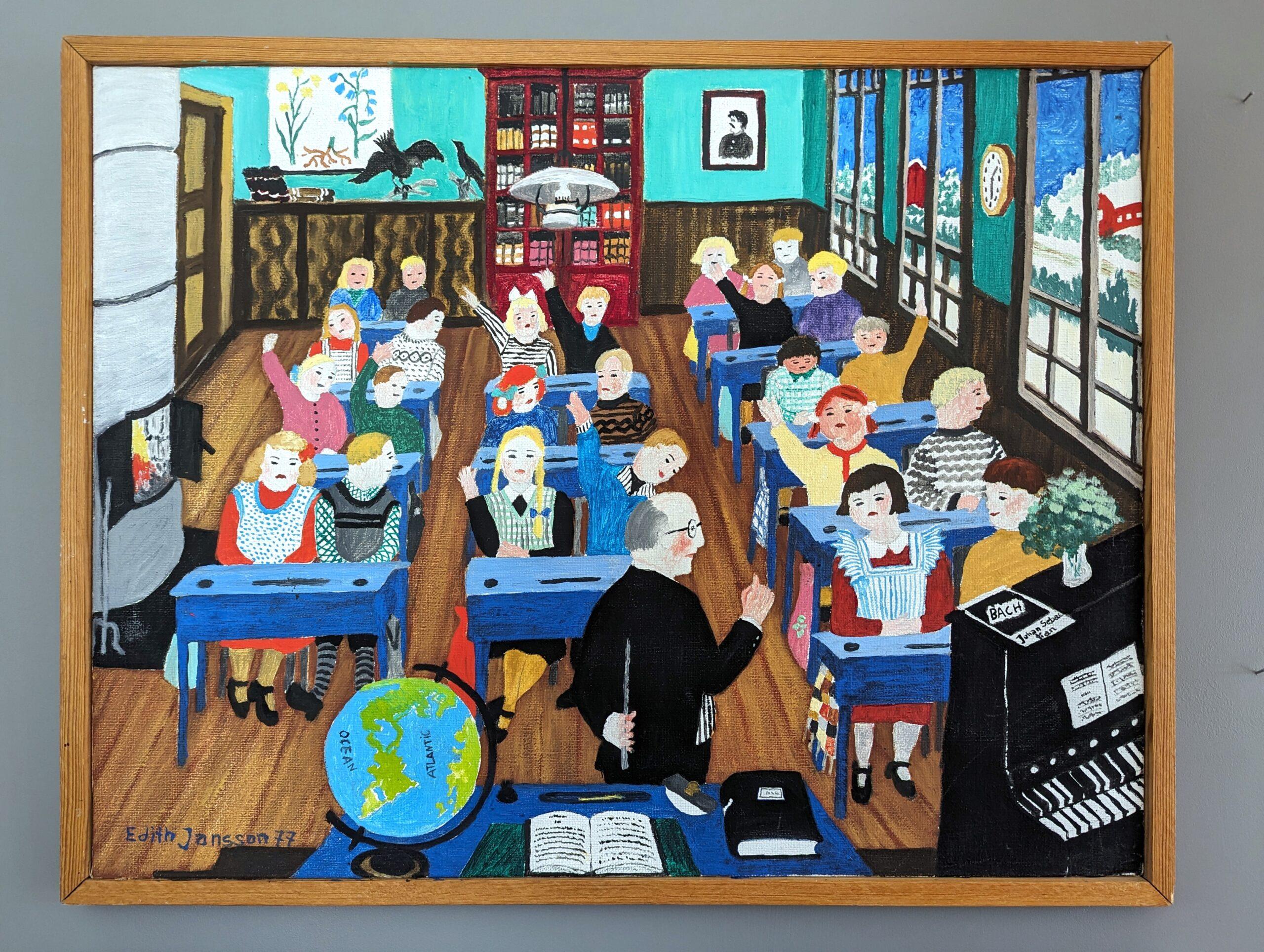 THE CLASSROOM
Size: 53 x 68 cm (including frame)
Oil on Canvas 

A fun and richly detailed composition in oil, painted onto canvas and dated 1977.

This playful oil painting depicts a classroom scene, with several details to explore. The artist has