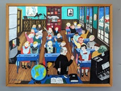 1977 Vintage Mid-Century Figurative Interior Scene Oil Painting - The Classroom