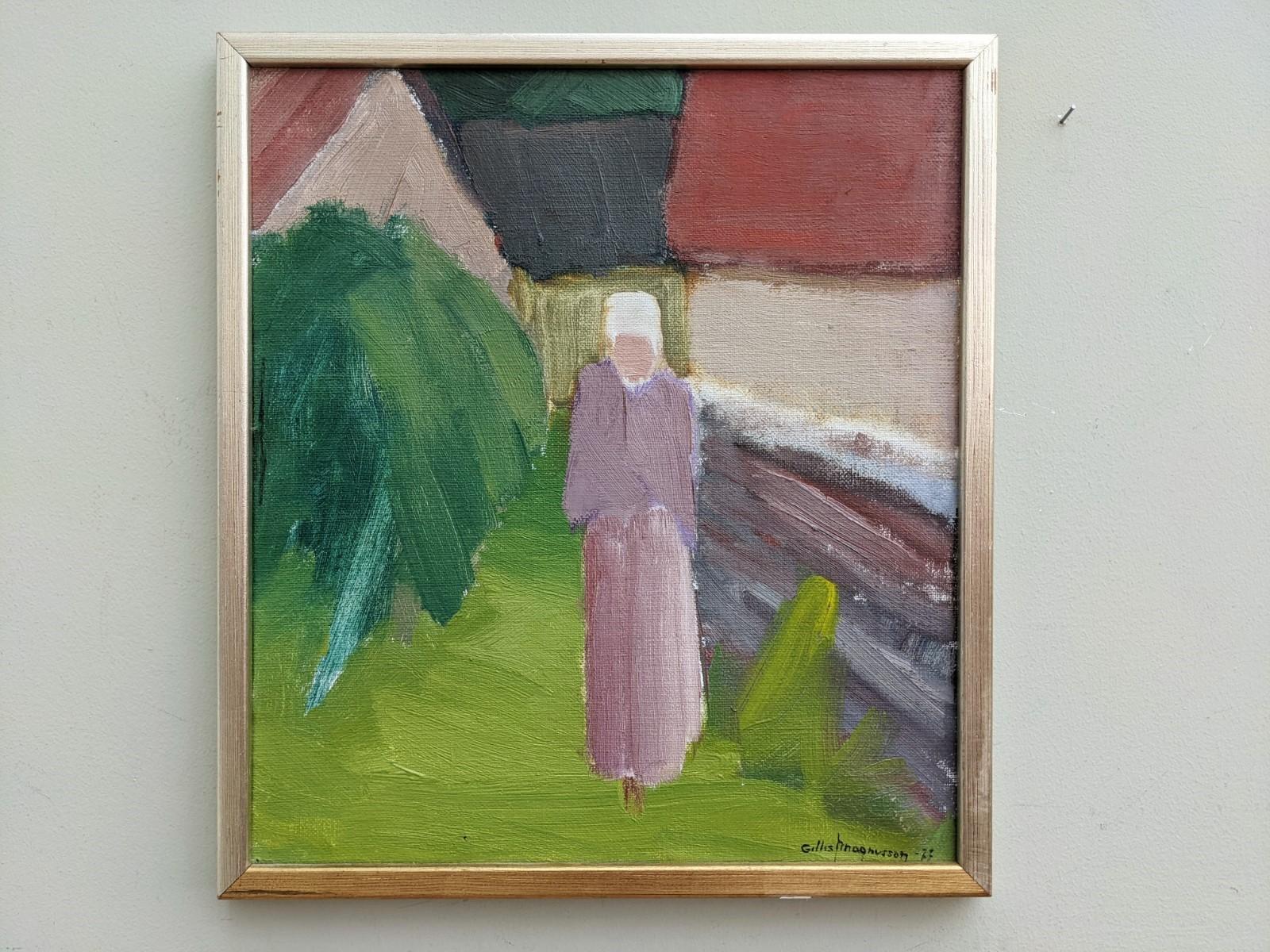PENSIVE WALK
Size: 41 x 36.5 cm (including frame)
Oil on canvas

A small but very charming mid century modernist figurative scene, painted in oil onto canvas in 1977.

Broad, expressive brushstrokes fill the canvas, creating a composition of a
