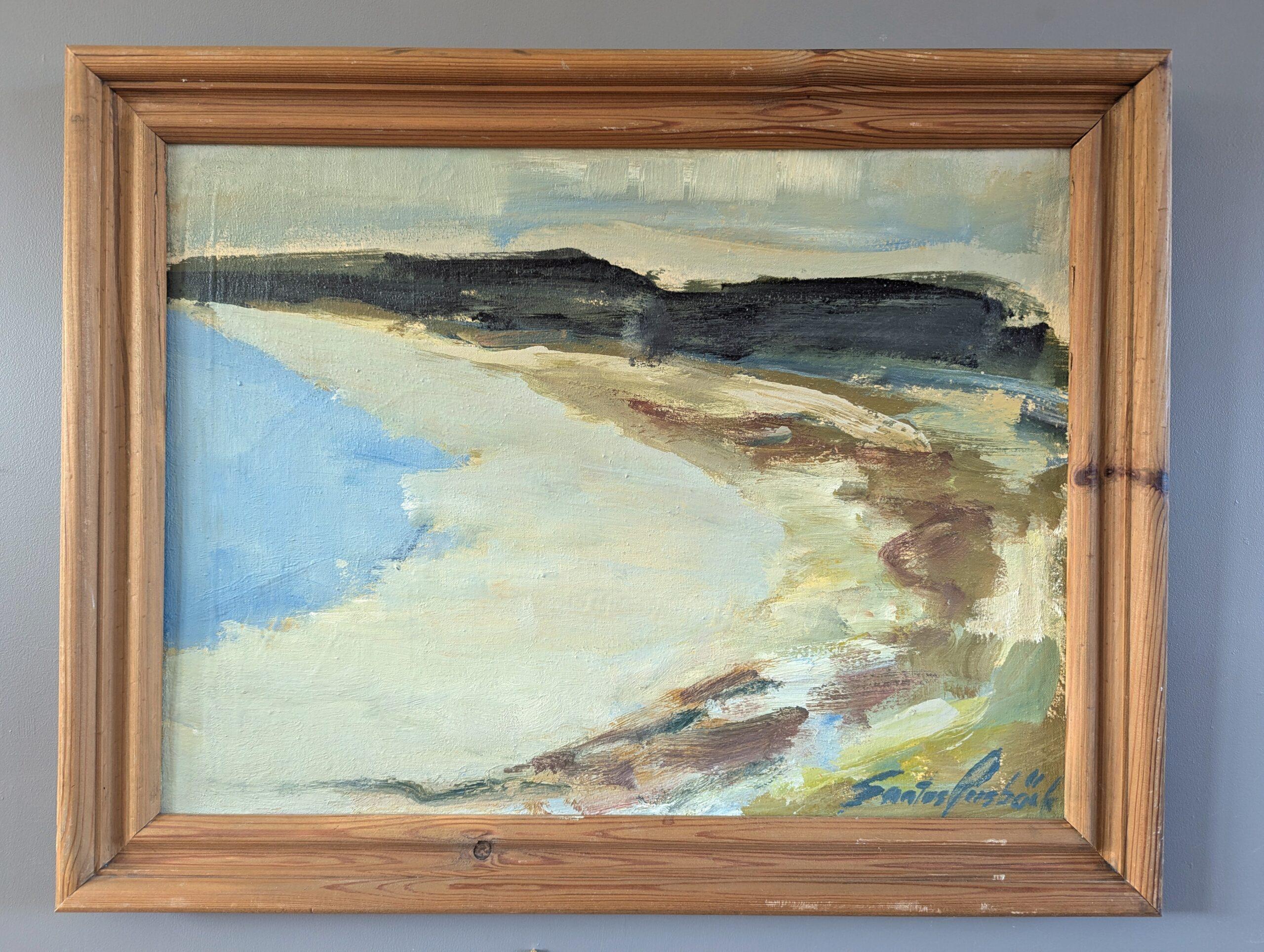 1977 Vintage Modernist Abstract Landscape Oil Painting - Coastal Horizons - Brown Landscape Painting by Unknown