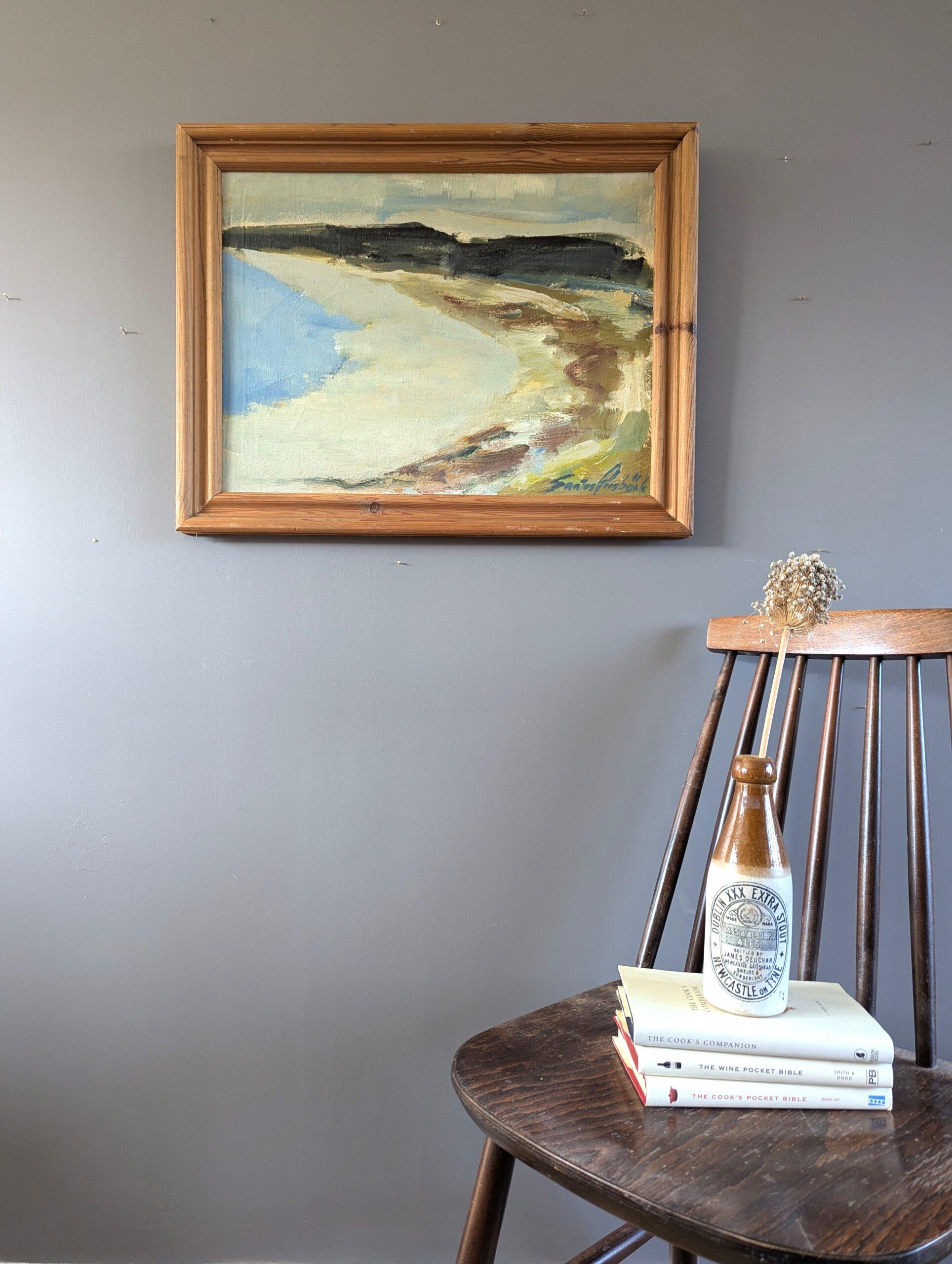 COASTAL HORIZONS
Size: 46 x 58.5 cm (including frame)
Oil on board

A serene mid-century modernist coastal landscape that captures the essence of a tranquil shoreline, executed in oil onto board and dated 1977 on the reverse.

The work exhibits an