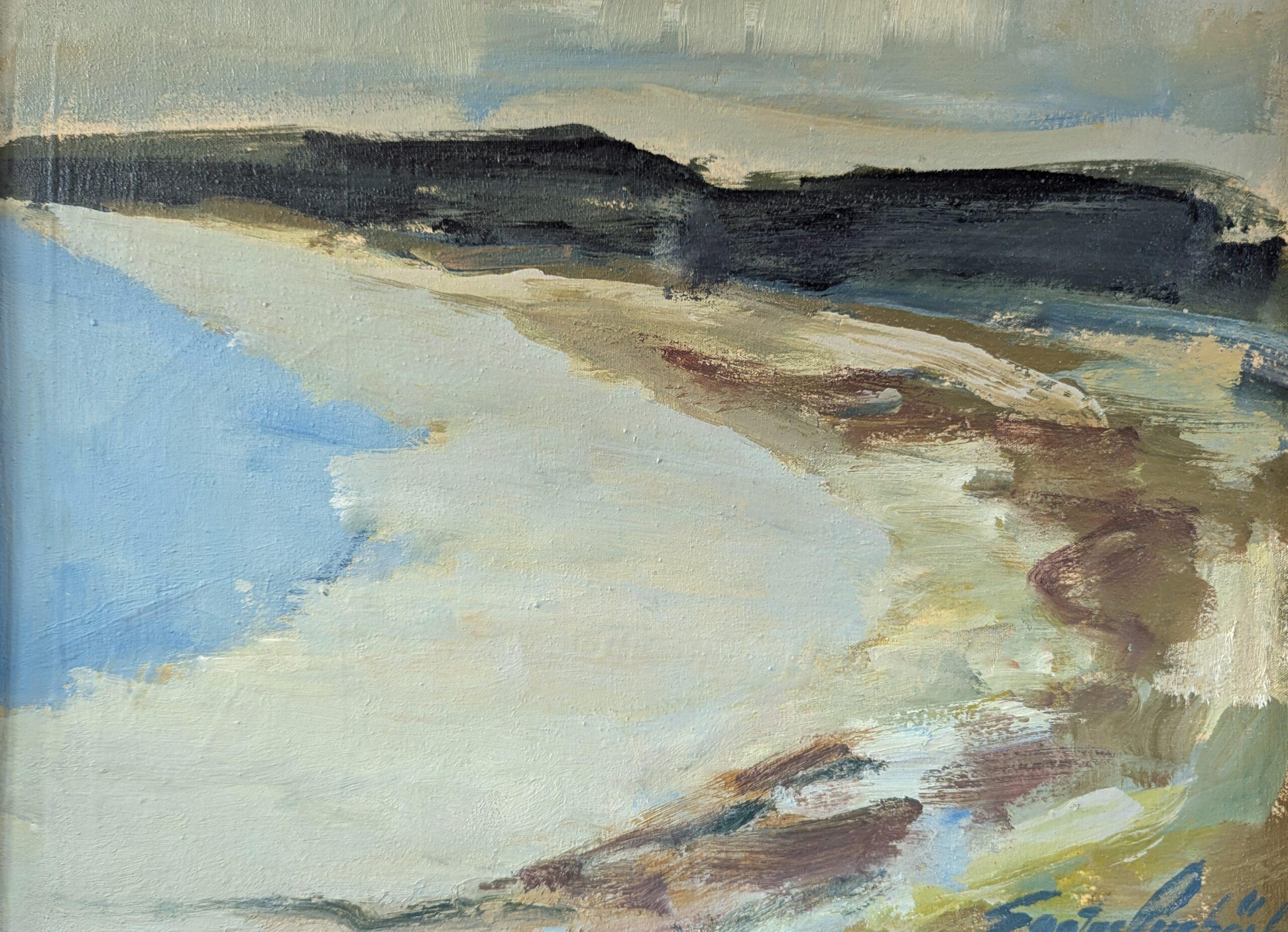 1977 Vintage Modernist Abstract Landscape Oil Painting - Coastal Horizons For Sale 5