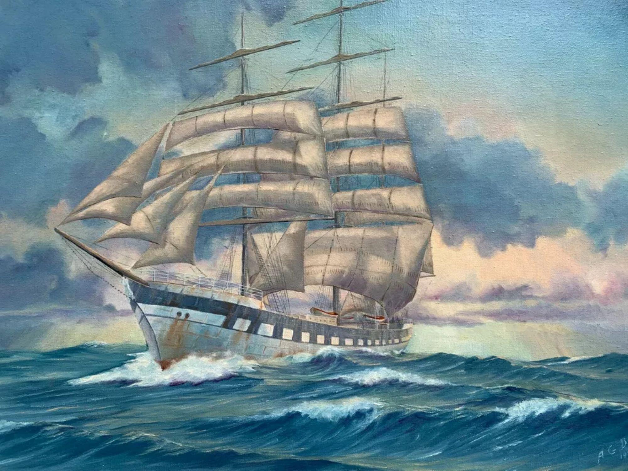 1977 Vintage-Ölgemälde auf Leinwand, Meereslandschaft, Segelschiff, signiert A.G. Burse – Painting von Unknown
