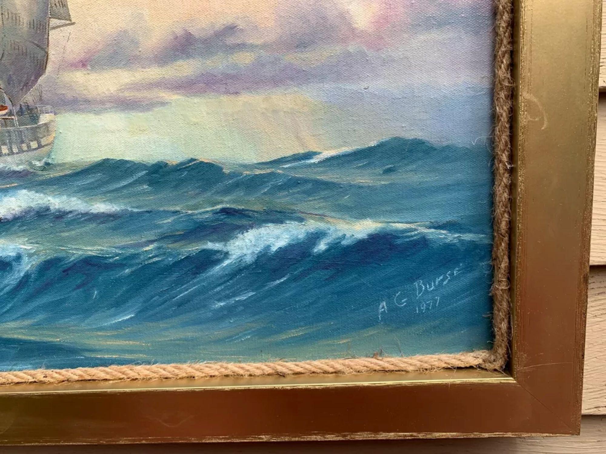1977 Vintage-Ölgemälde auf Leinwand, Meereslandschaft, Segelschiff, signiert A.G. Burse im Angebot 1