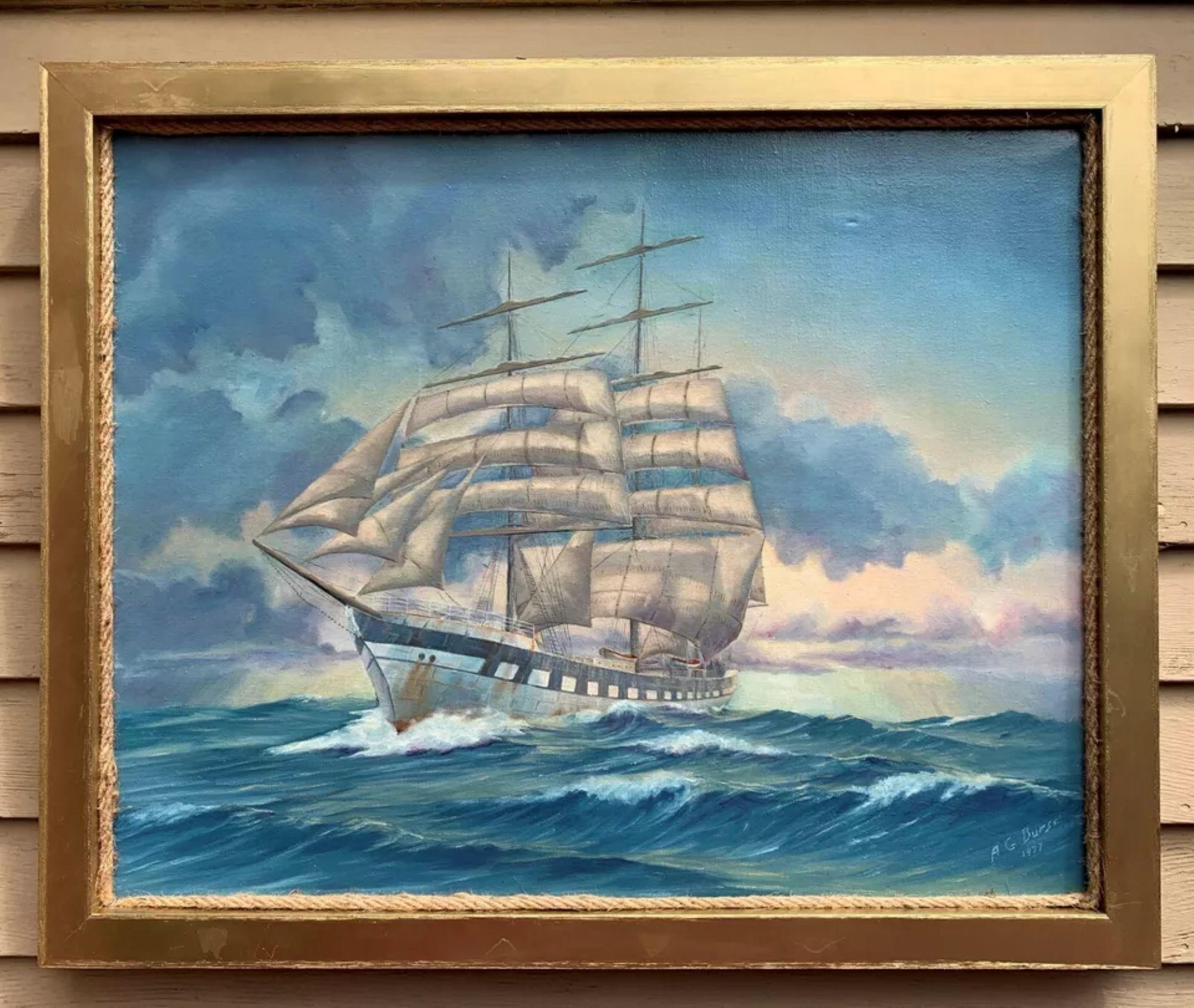 1977 Vintage-Ölgemälde auf Leinwand, Meereslandschaft, Segelschiff, signiert A.G. Burse im Angebot 3
