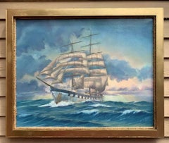 1977 Peinture à l'huile vintage sur toile, paysage marin, voilier, signée A.G. Burse