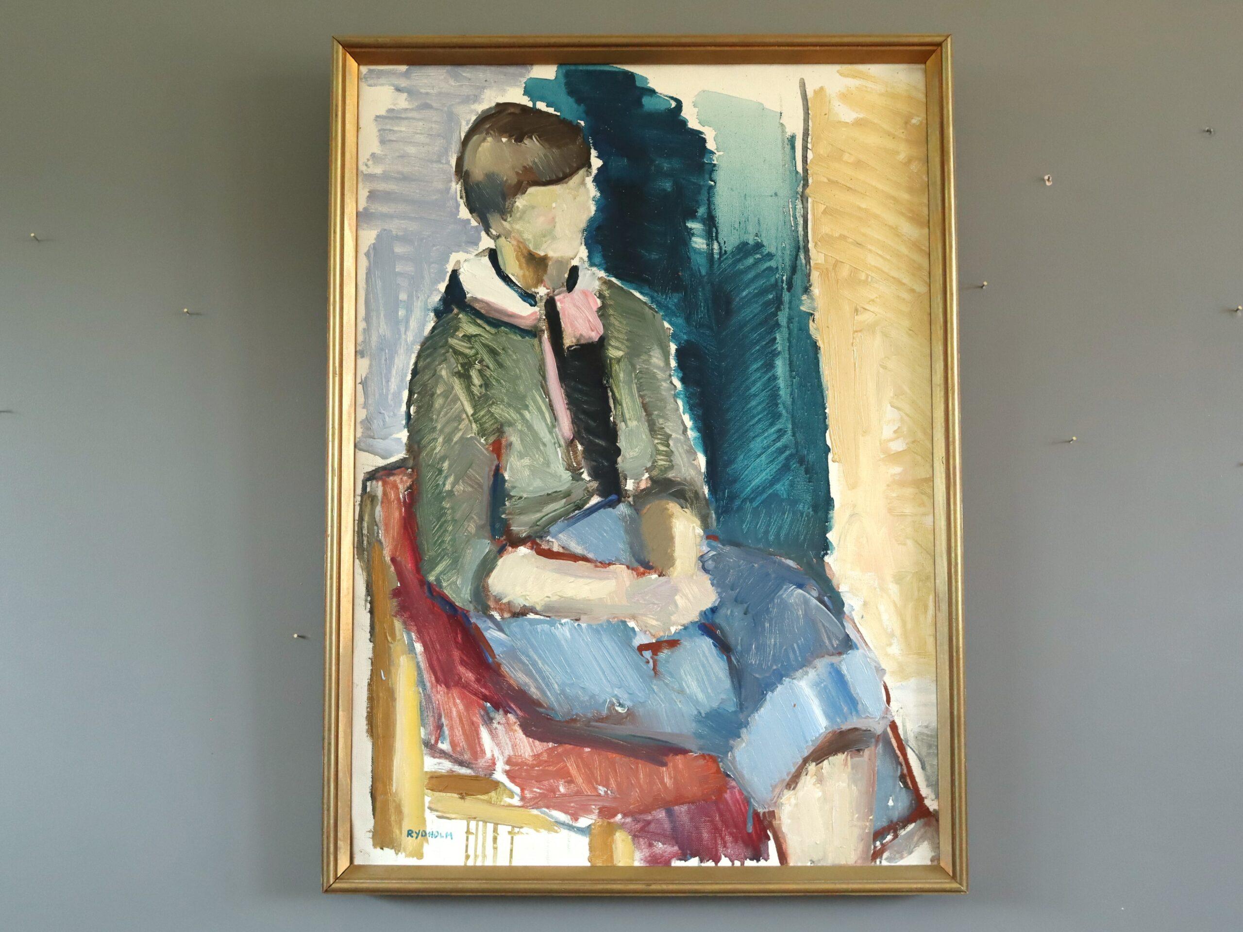 1978 Peinture à l'huile moderniste expressive - Portrait figuratif - Assis en pensée - Painting de Unknown