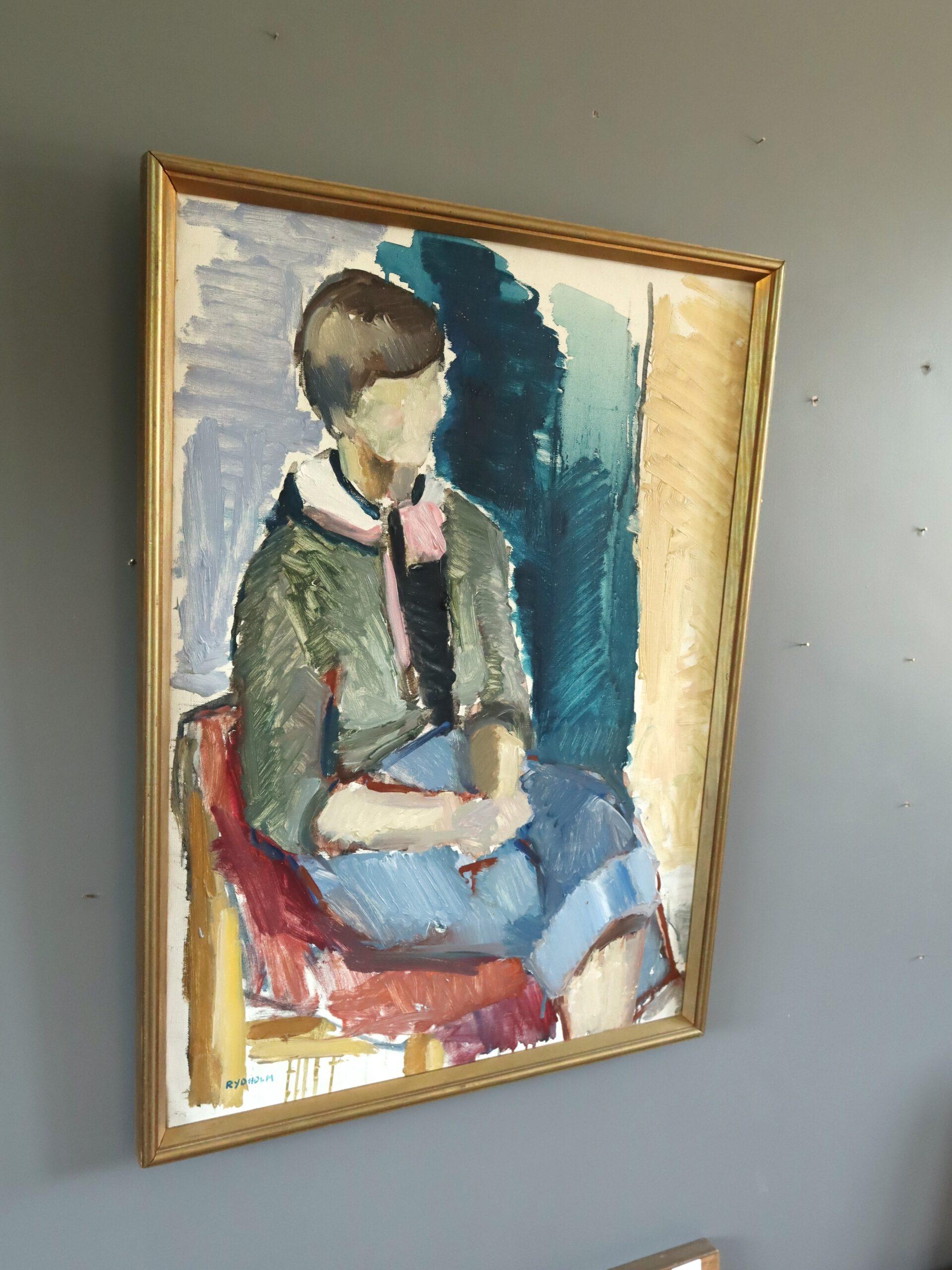 1978 Peinture à l'huile moderniste expressive - Portrait figuratif - Assis en pensée - Moderne Painting par Unknown
