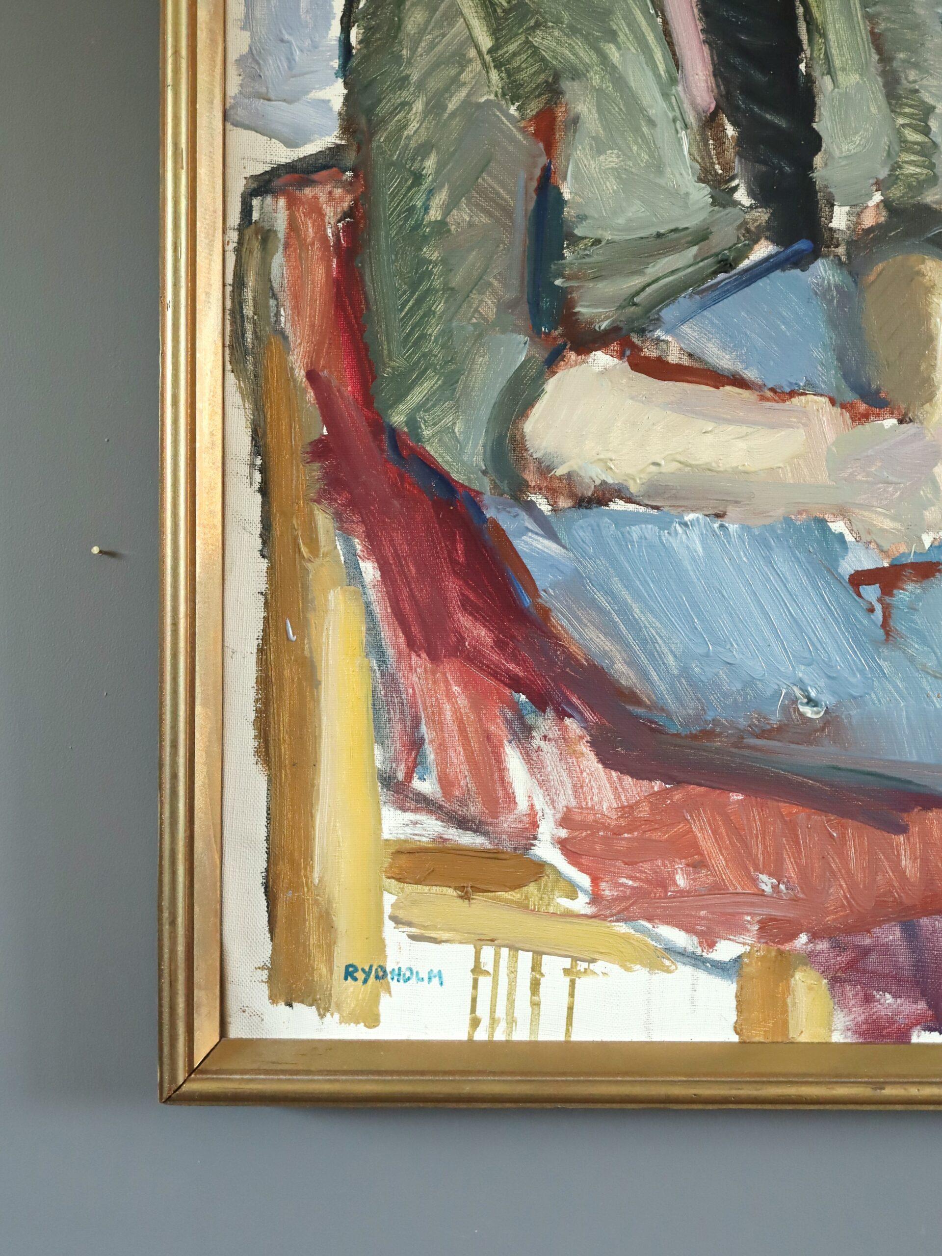 ASSIS DANS SES PENSÉES
Dimensions : 72 x 53 cm (cadre compris)
Huile sur toile

Une peinture à l'huile figurative expressive de style moderniste qui présente une figure assise contemplative et posée, rendue avec un coup de pinceau audacieux et