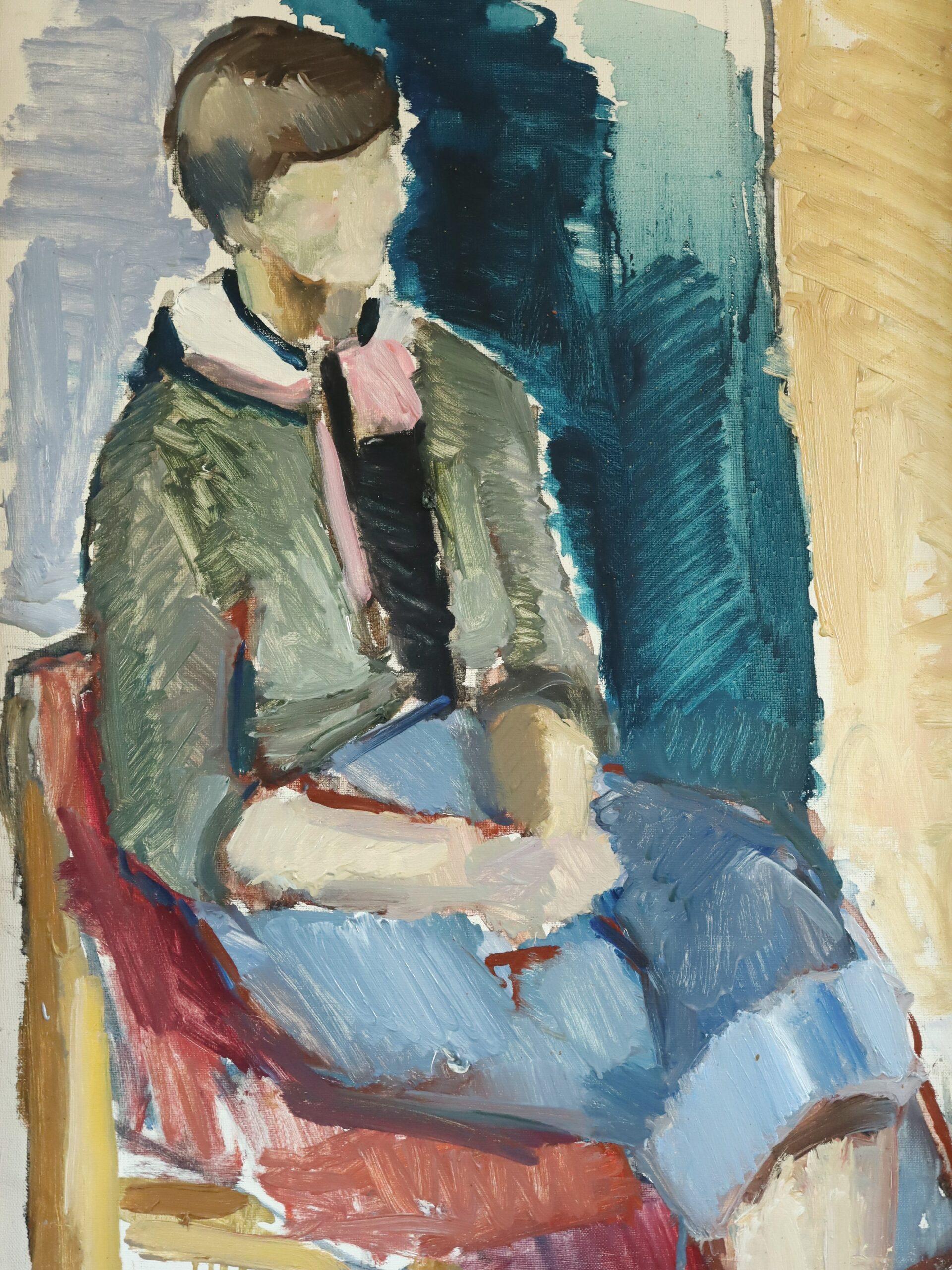 1978 Peinture à l'huile moderniste expressive - Portrait figuratif - Assis en pensée en vente 2