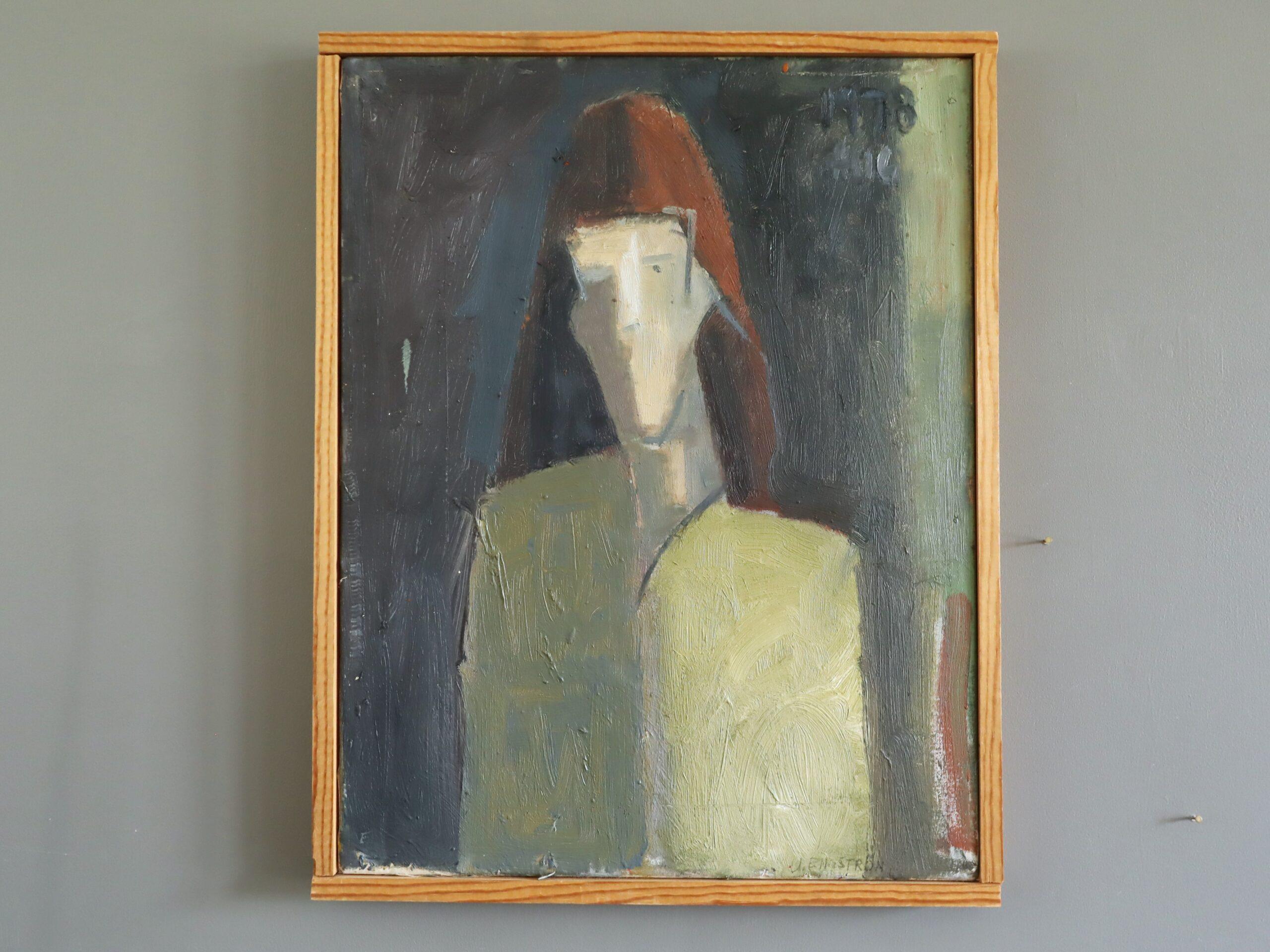 1978 Modernist Original Swedish Abstract Figurative Portrait Oil Painting- Maris - Gris Portrait Painting par Unknown