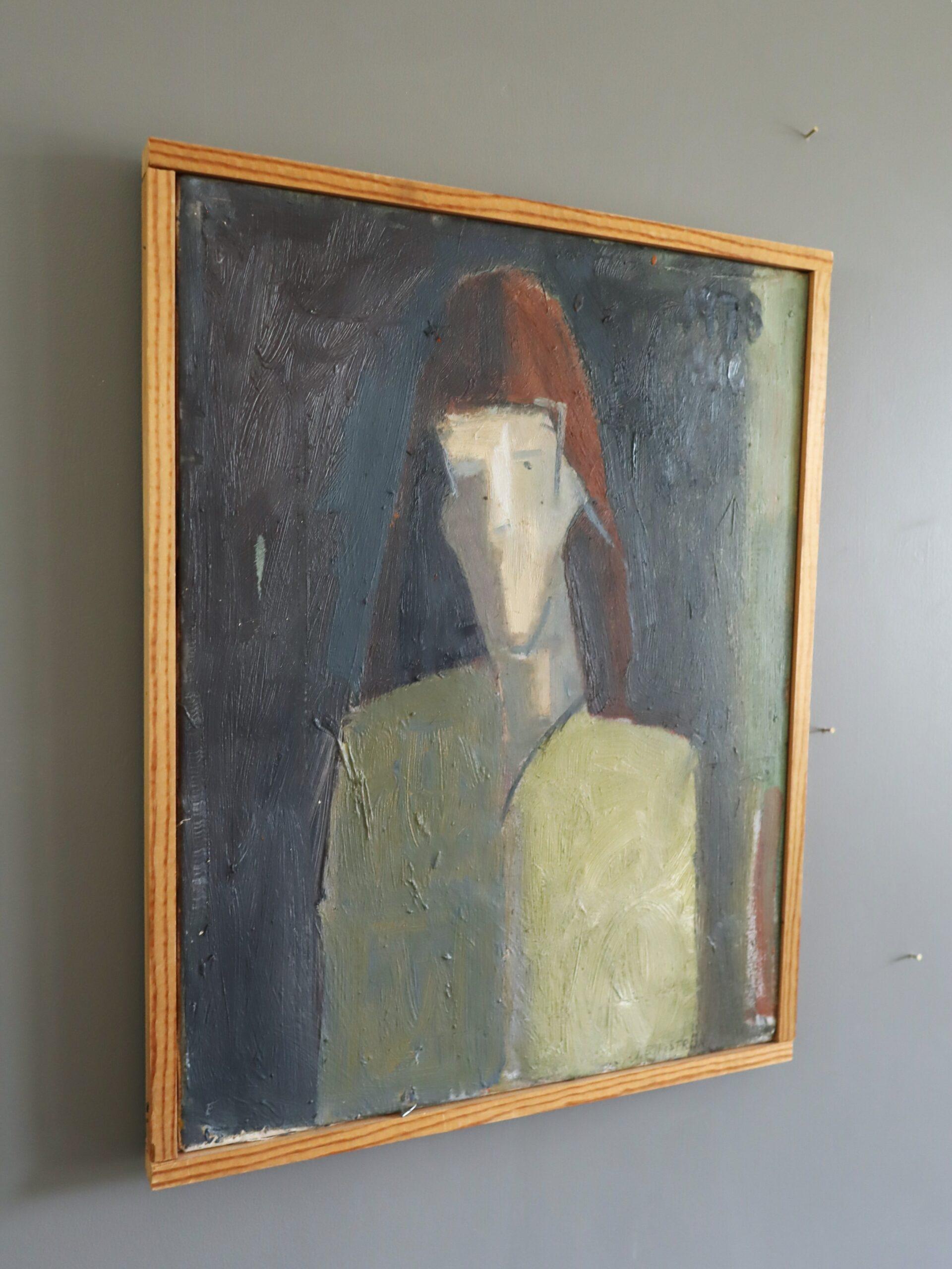 MARIS
Size: 42.5 x 33.5 cm (including frame)
Oil on canvas

A enigmatic figurative oil painting that presents a striking, abstracted portrait of a lone figure, executed in oil onto canvas and dated 1978.

The subject is rendered with elongated,