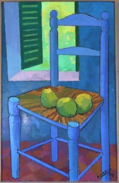 1978 Modernist Swedish Interior Oil Painting - Still Life with Blue Chair